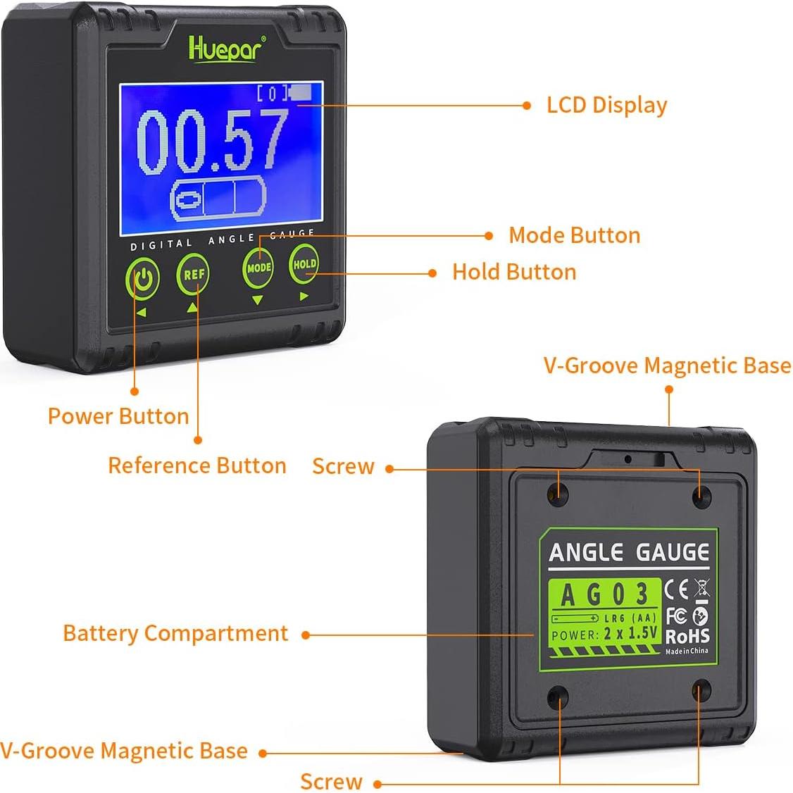 Medidor de Ángulo Digital Huepar AG03 con Base Magnética