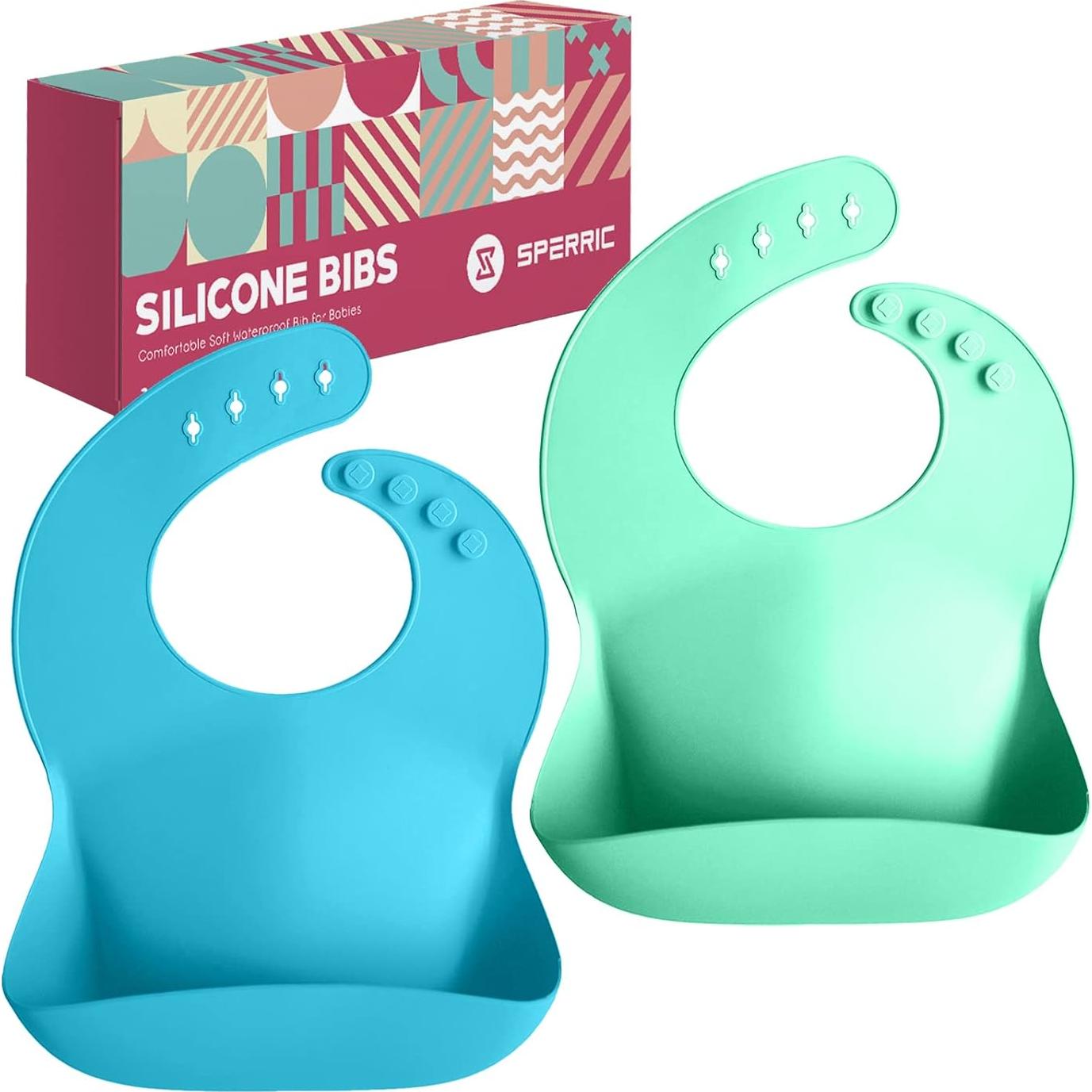 Babero de Silicona Sperric Verde/Azul con Recogedor Impermeable