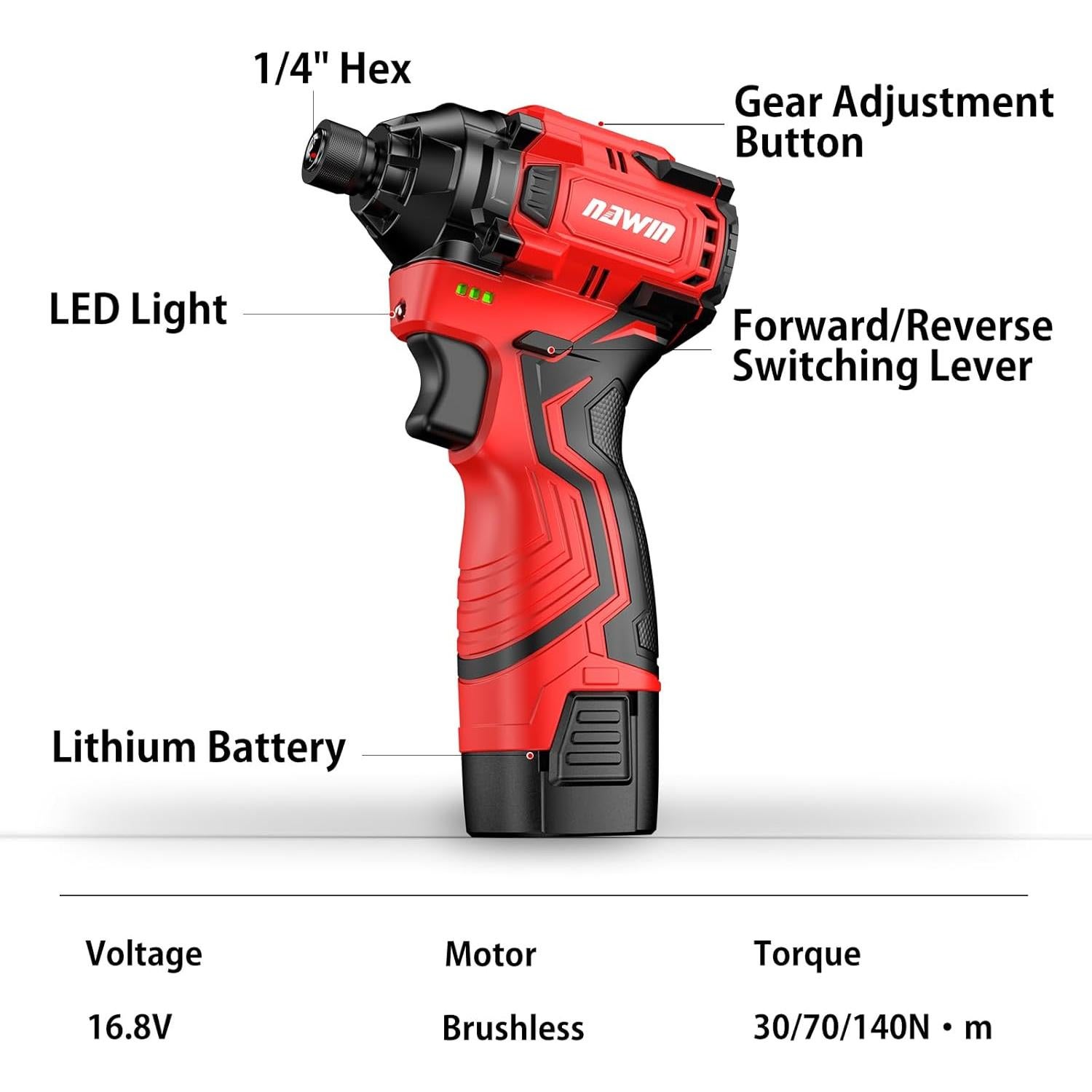 Destornillador de Impacto Inalámbrico NAWIN 16.8V 140Nm