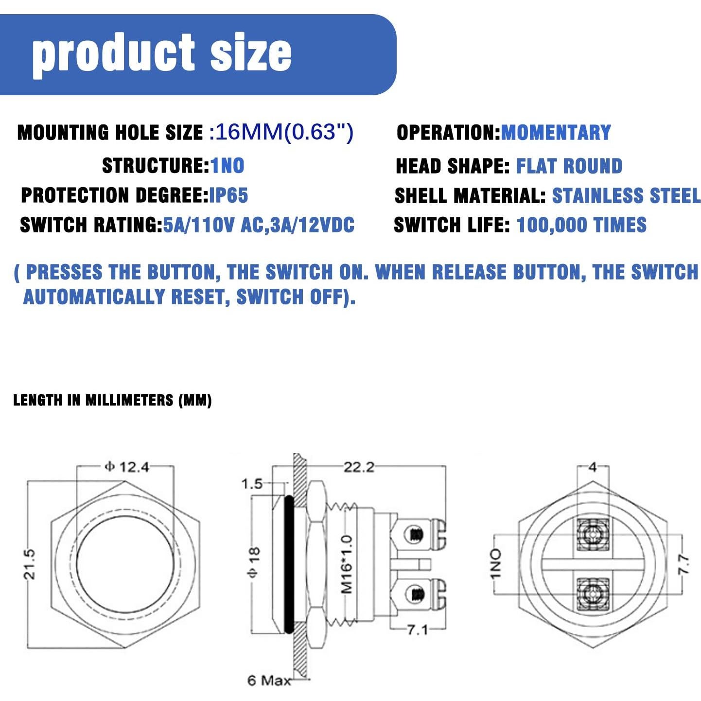 6 Interruptores de Botón Redondo Lhazemu 16mm Impermeables