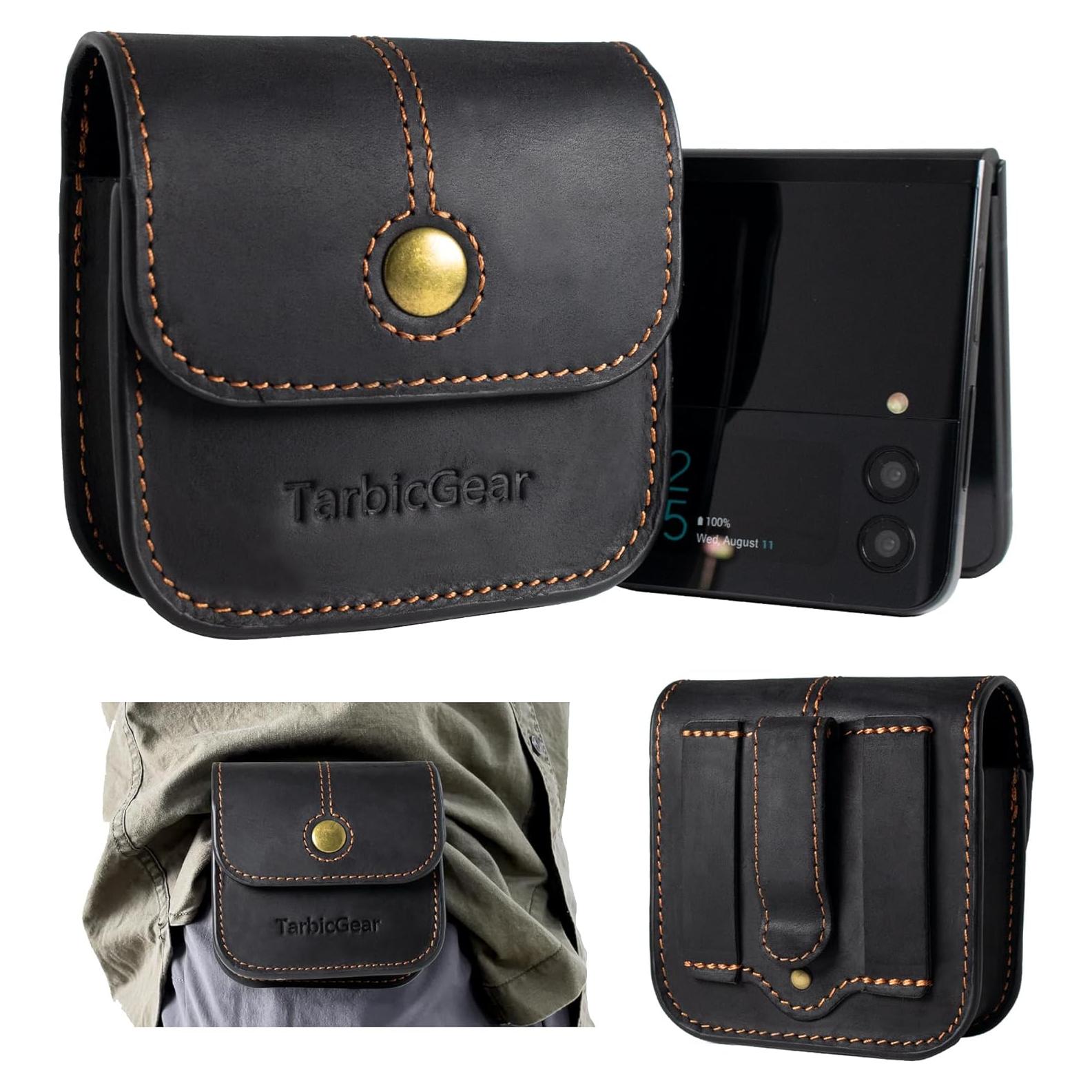 Funda de cuero para teléfono plegable TarbicGear - Negro
