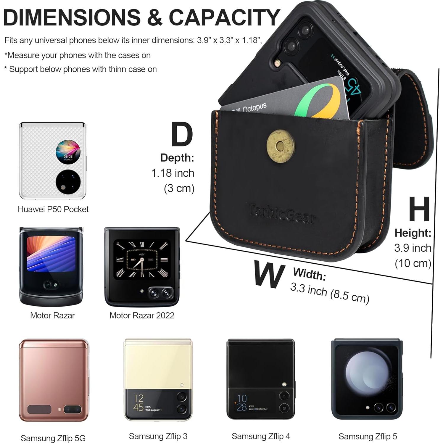 Funda de cuero para teléfono plegable TarbicGear - Negro