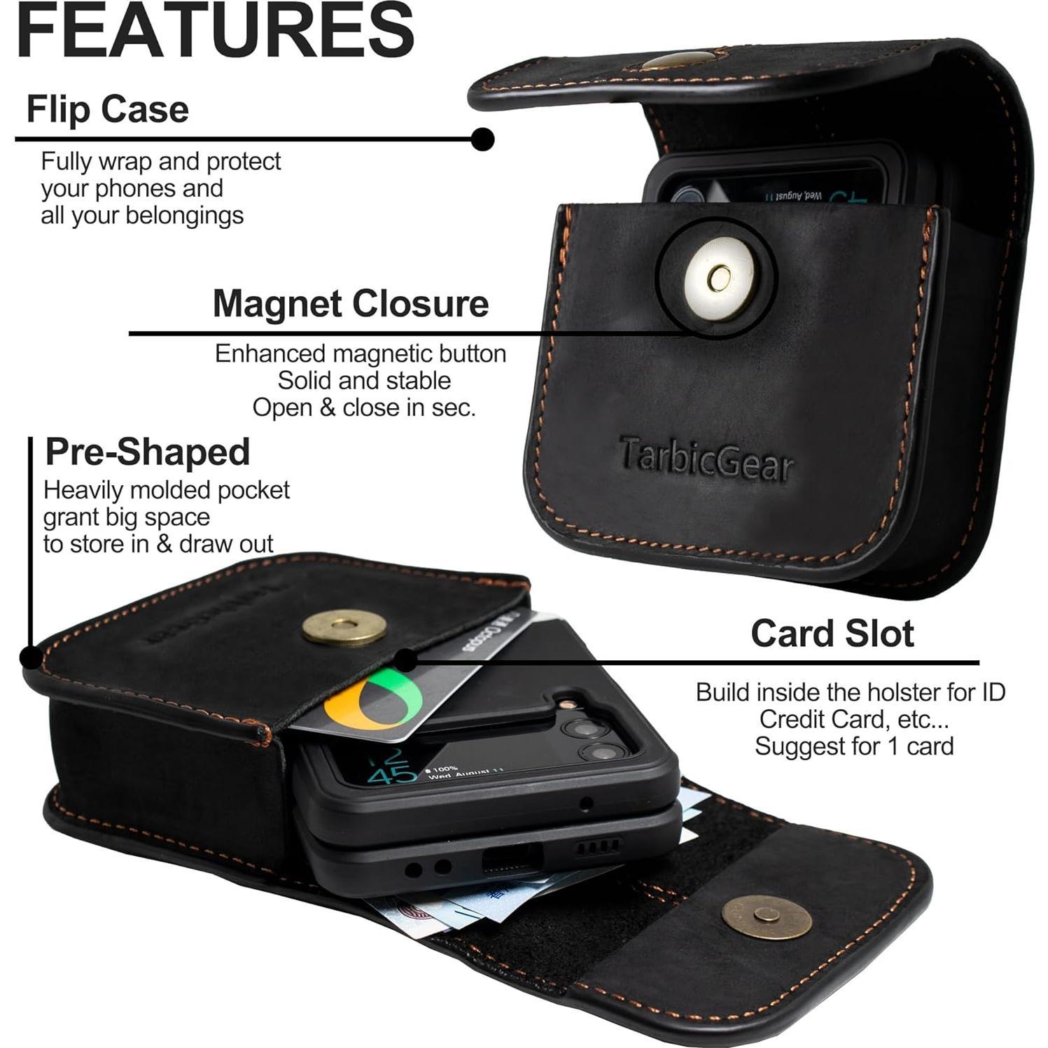 Funda de cuero para teléfono plegable TarbicGear - Negro