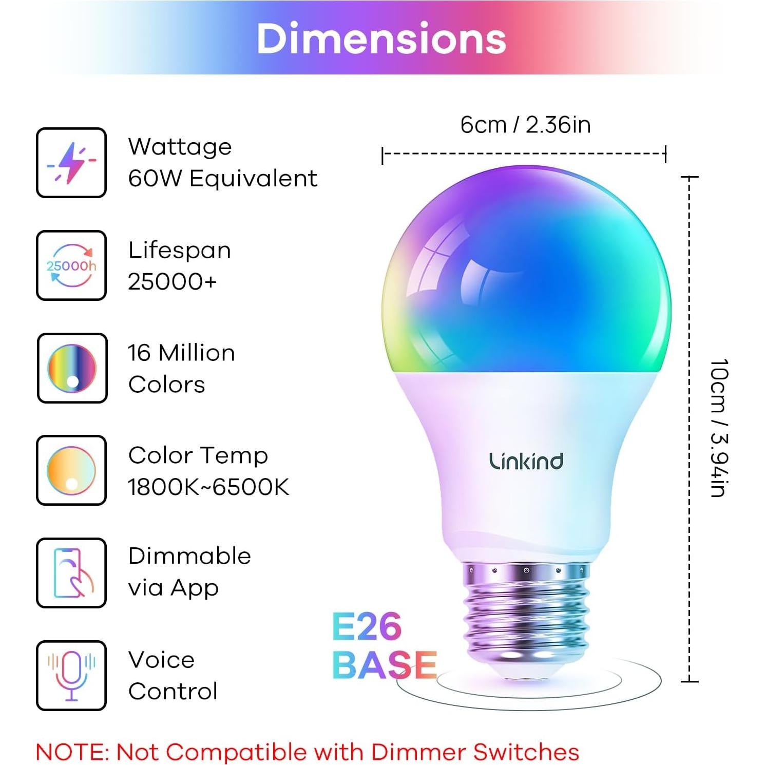 Bombilla Inteligente Linkind A19 WiFi 9W RGBTW Control APP