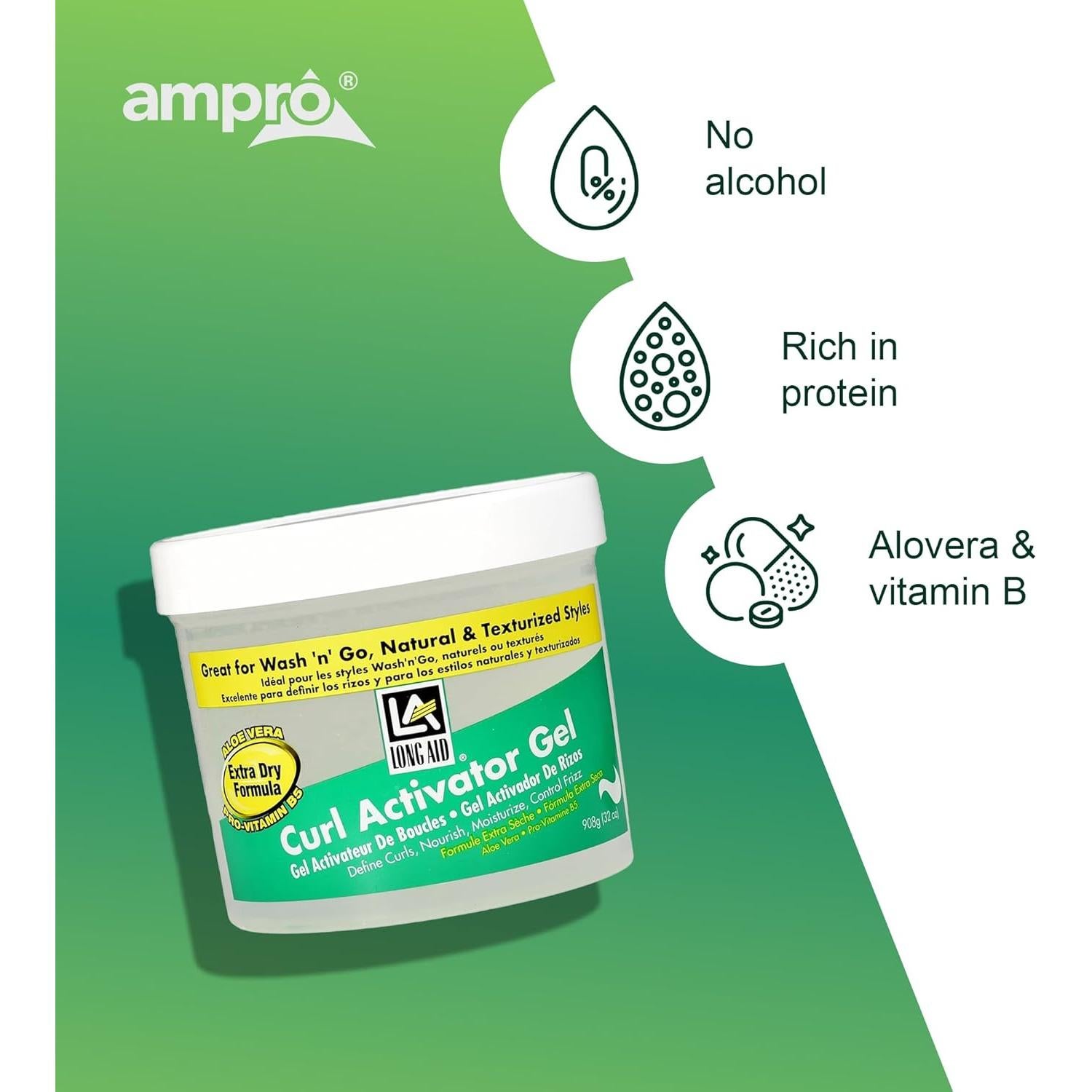 Gel Activador de Rizos Ampro Long-Aid 907 g - Aloe Vera y Vitaminas