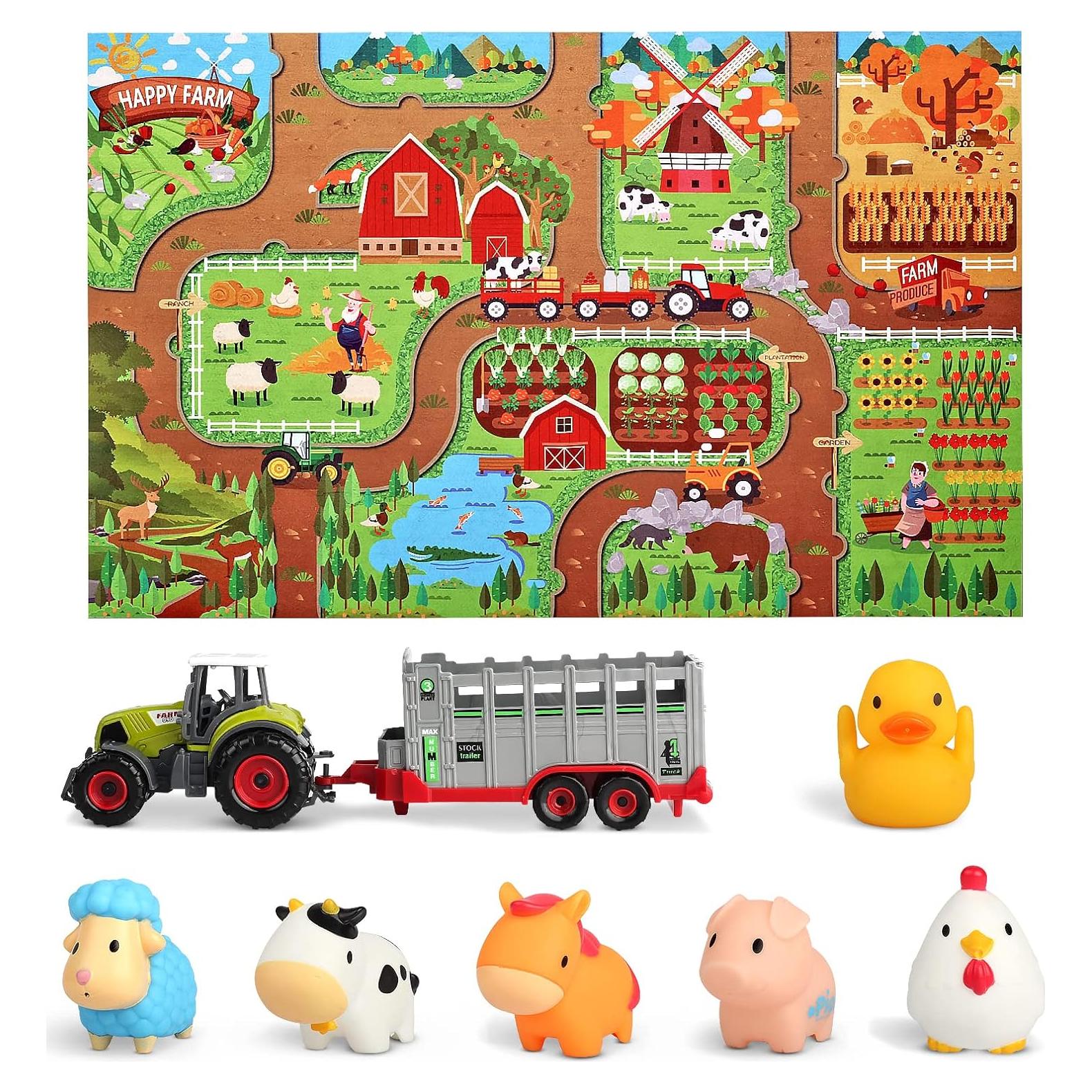 Juego de Granja Oriate con Tractor y 6 Animales - Alfombrilla 120x80cm