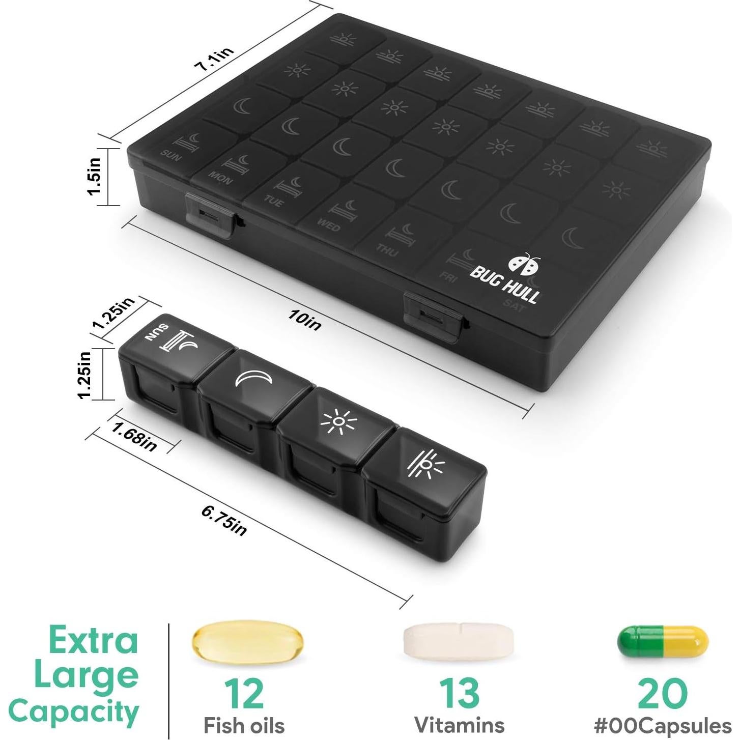 Organizador de Pastillas Grande BUG HULL XL 7 Días Negro