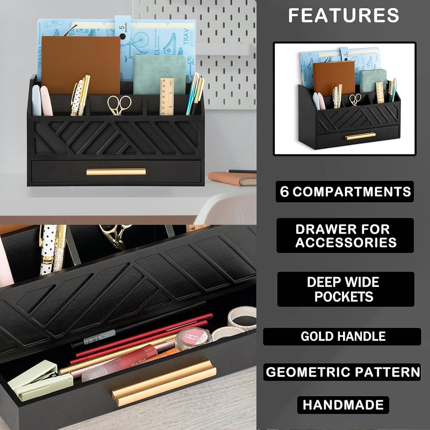 Organizador de Escritorio de Madera Negra Dreampossible con Cajón