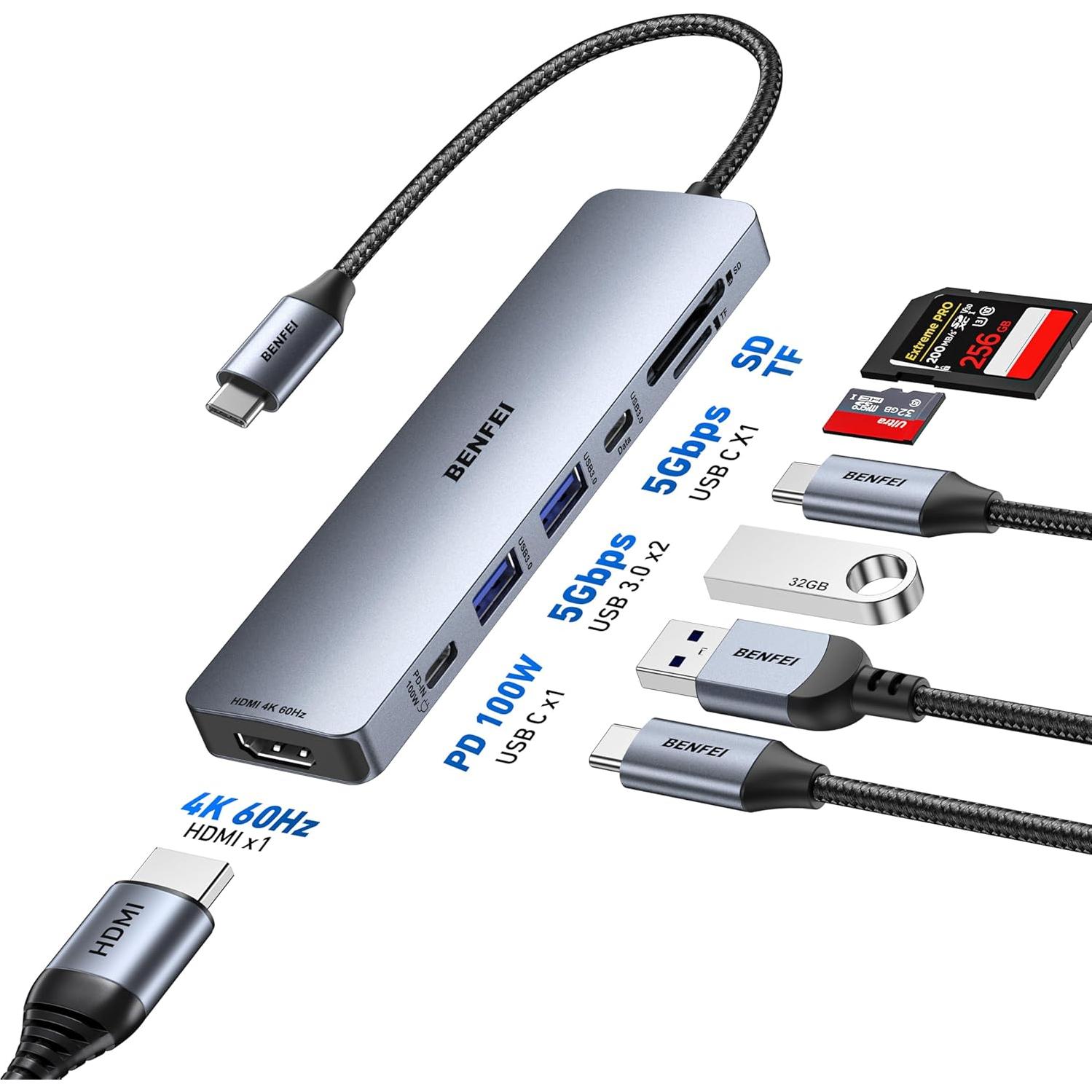 Hub USB-C 7-en-1 BENFEI con HDMI 4K, 100W Carga, 2 USB-A