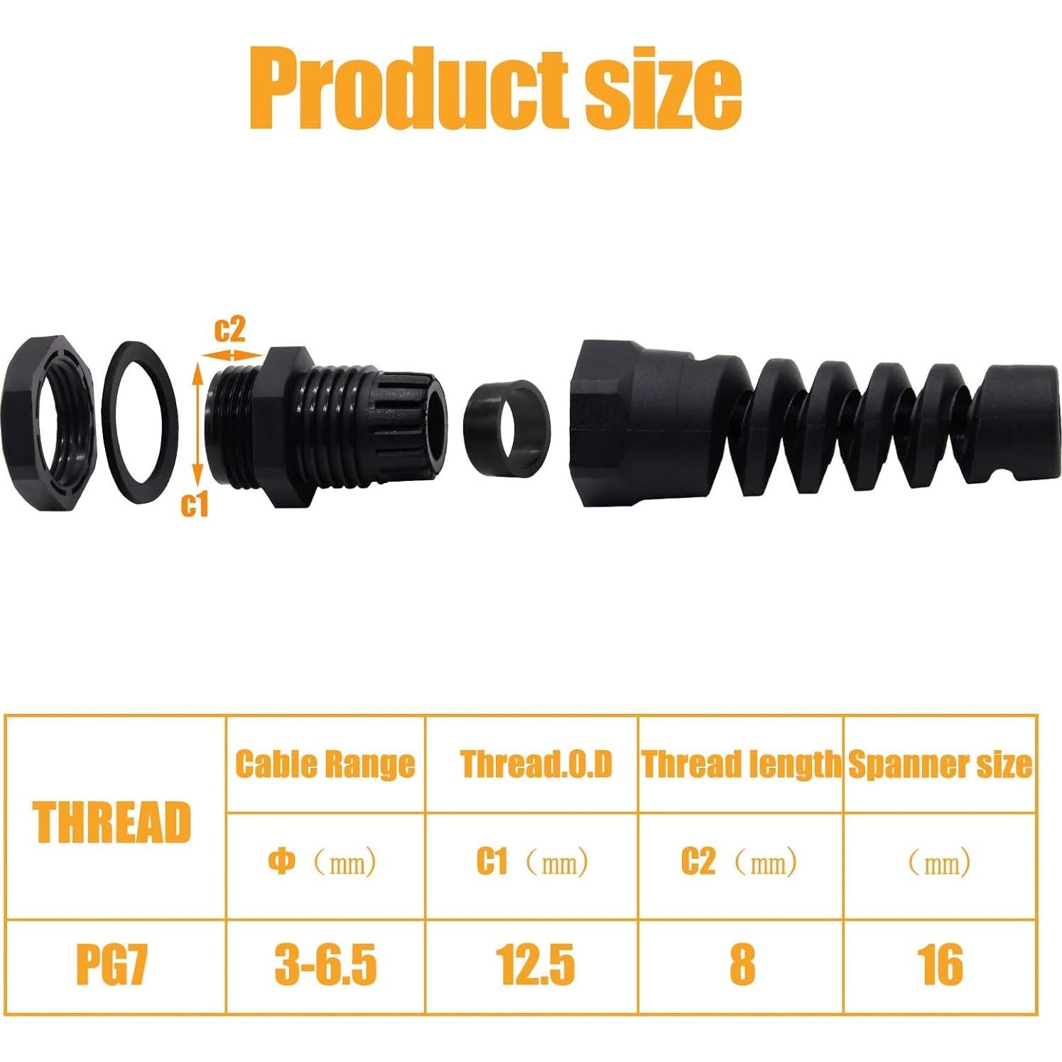 2 Piezas Cable Gland PG7 Rierdge Impermeable IP68 para Cable 4.5-7.8mm