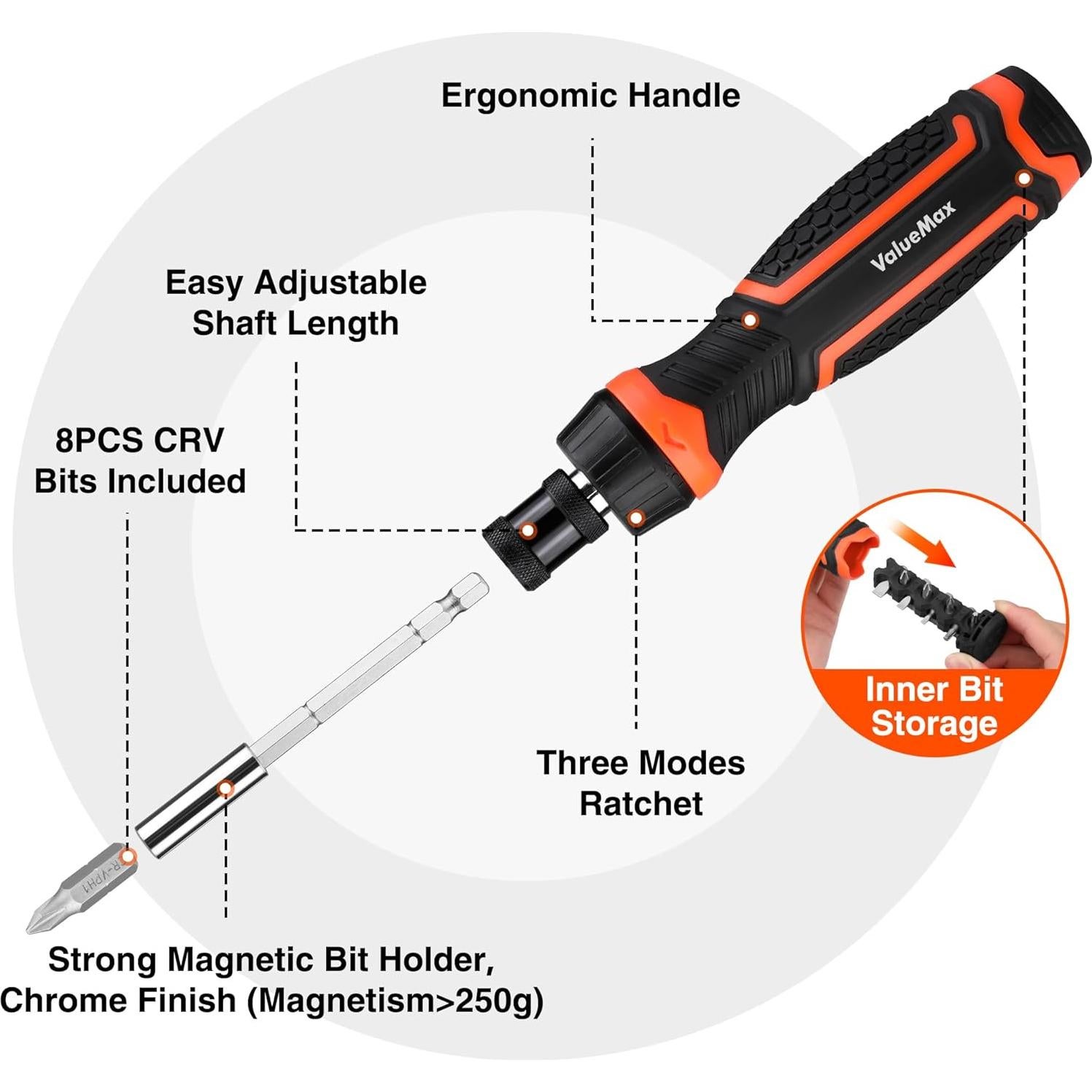 Destornillador Trinquete ValueMax 9 en 1, Mango Antideslizante