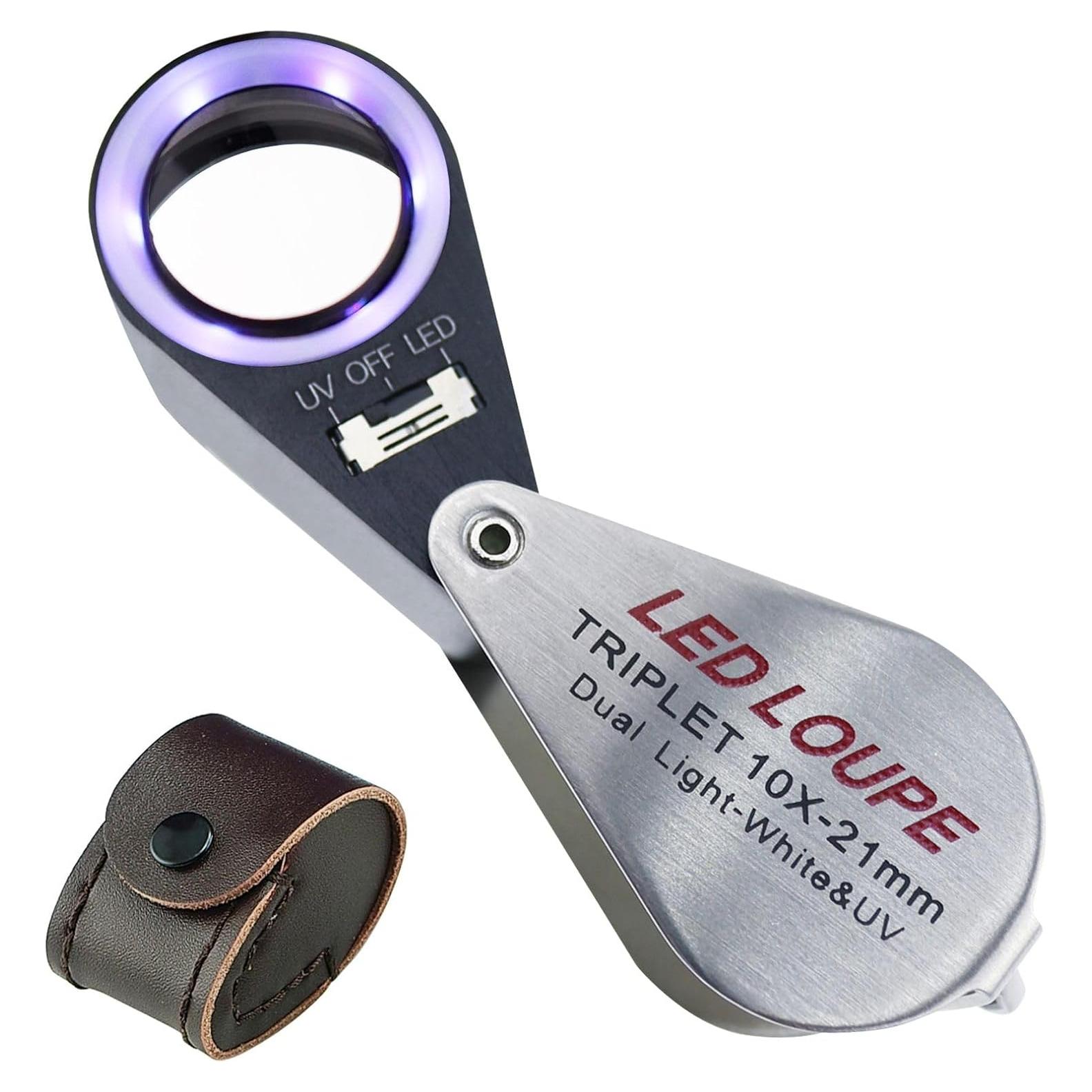 Lupa de bolsillo TEKCOPLUS 10x con luz UV y LED