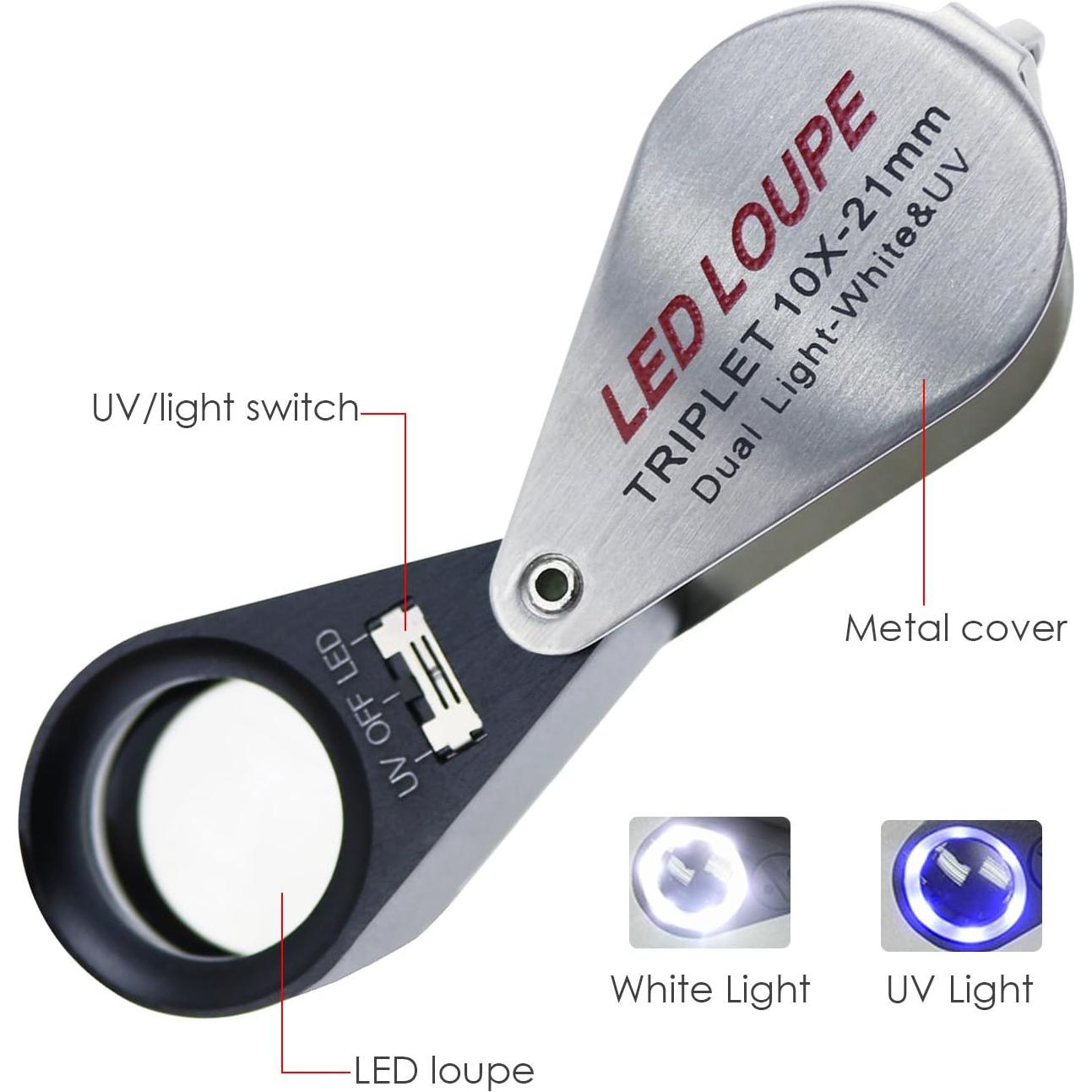 Lupa de bolsillo TEKCOPLUS 10x con luz UV y LED