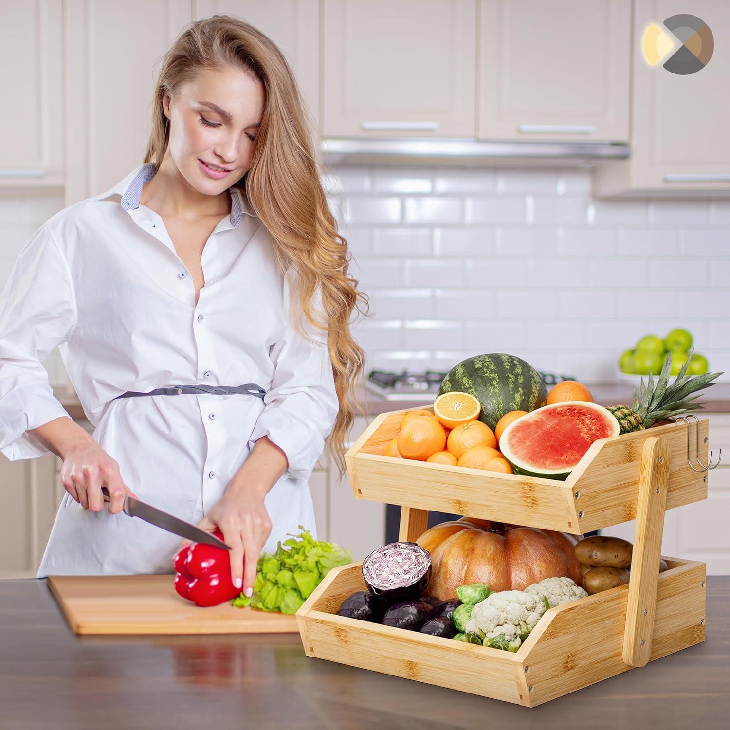 Cesta de Frutas de Bambú 2 Niveles Hellojin - Organizador Cocina