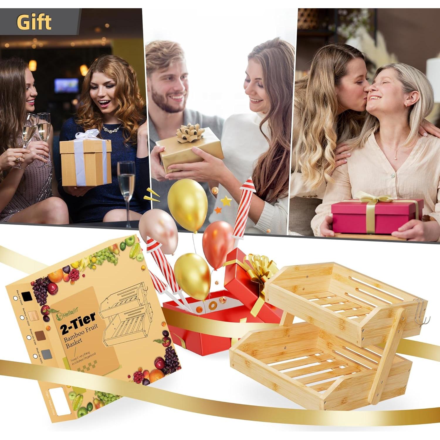 Cesta de Frutas de Bambú 2 Niveles Hellojin - Organizador Cocina