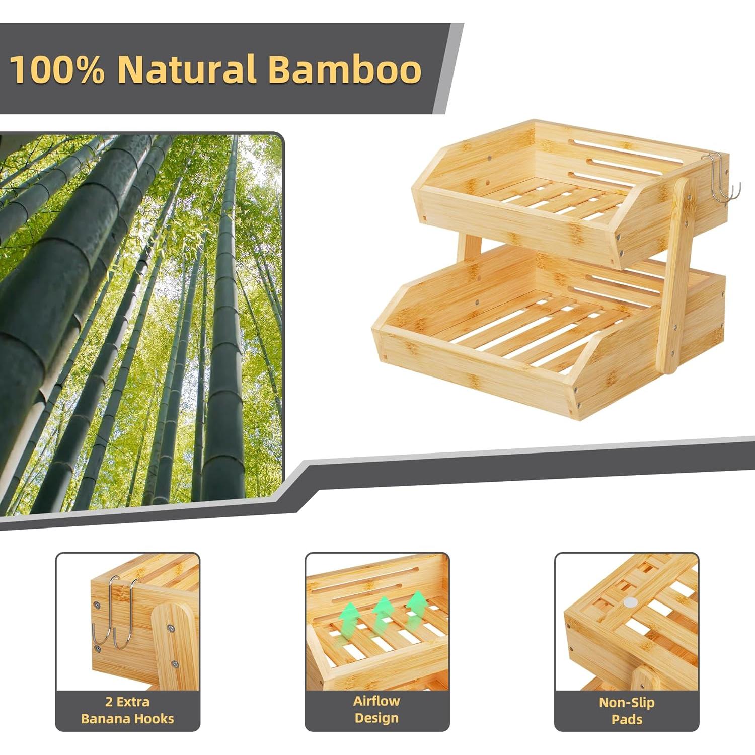 Cesta de Frutas de Bambú 2 Niveles Hellojin - Organizador Cocina