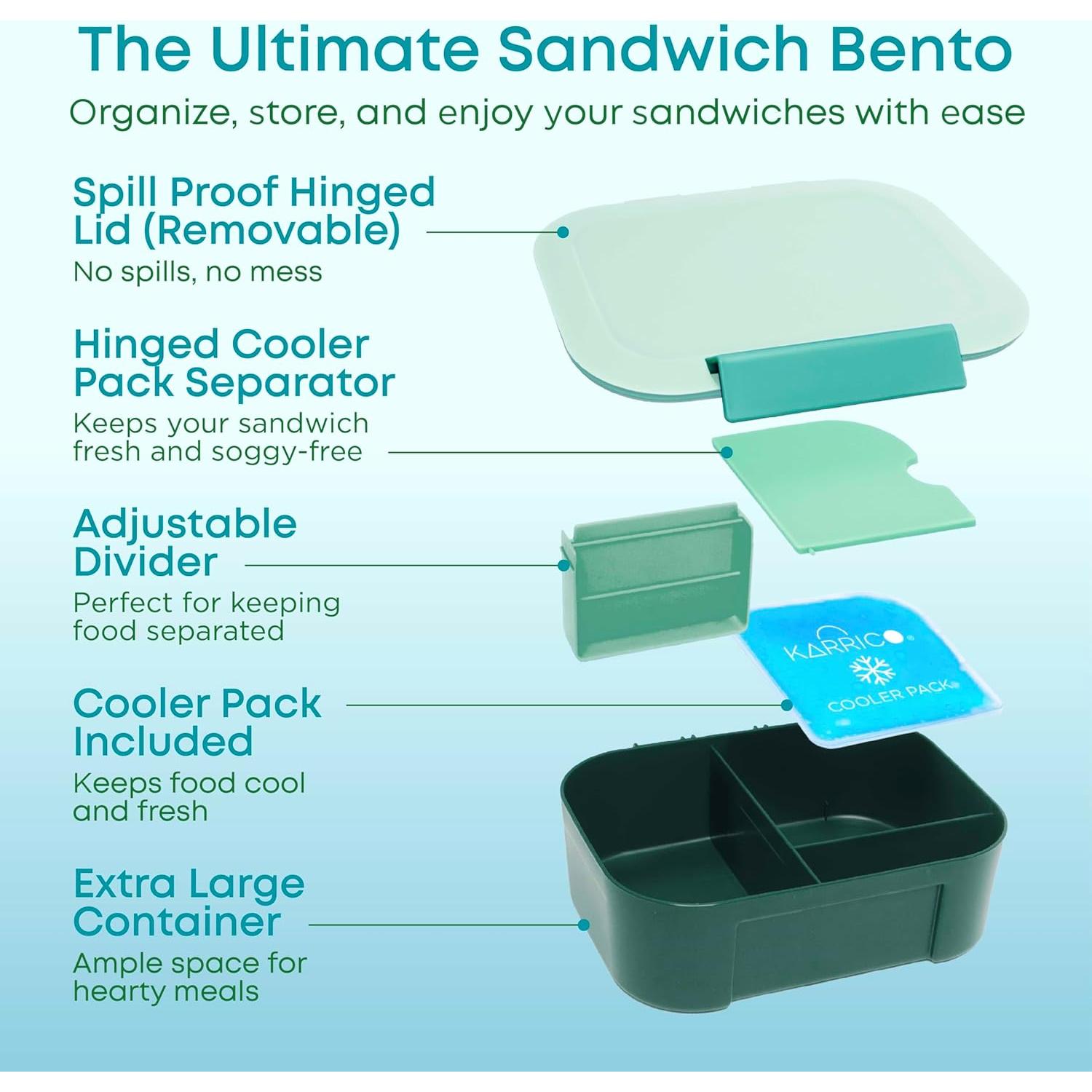 Caja de Almuerzo KARRICO Verde 3 Compartimentos 2.43L A Prueba de Fugas