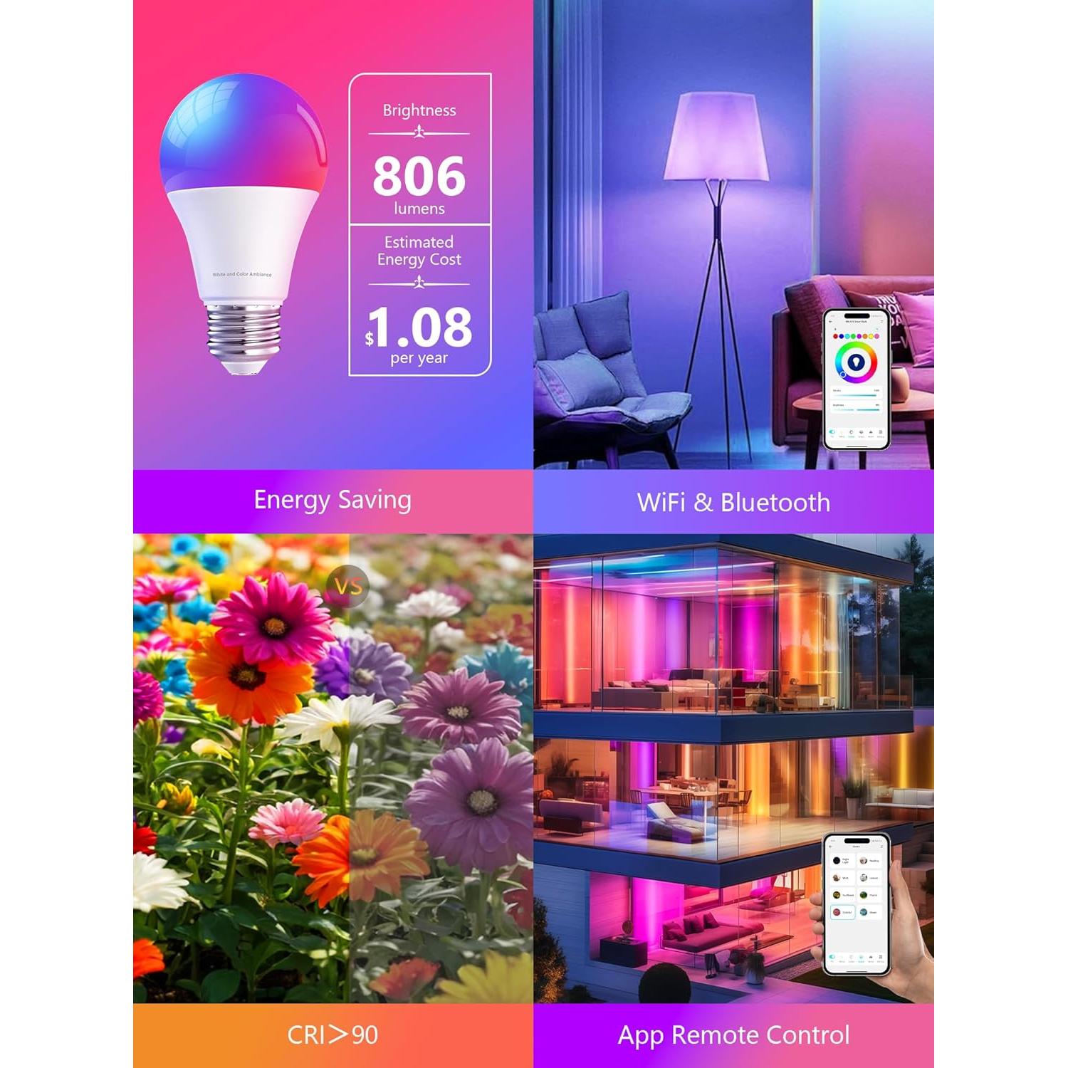 Bombillas Inteligentes Brizled RGBWW E26 A19 9W 806LM Paquete de 4