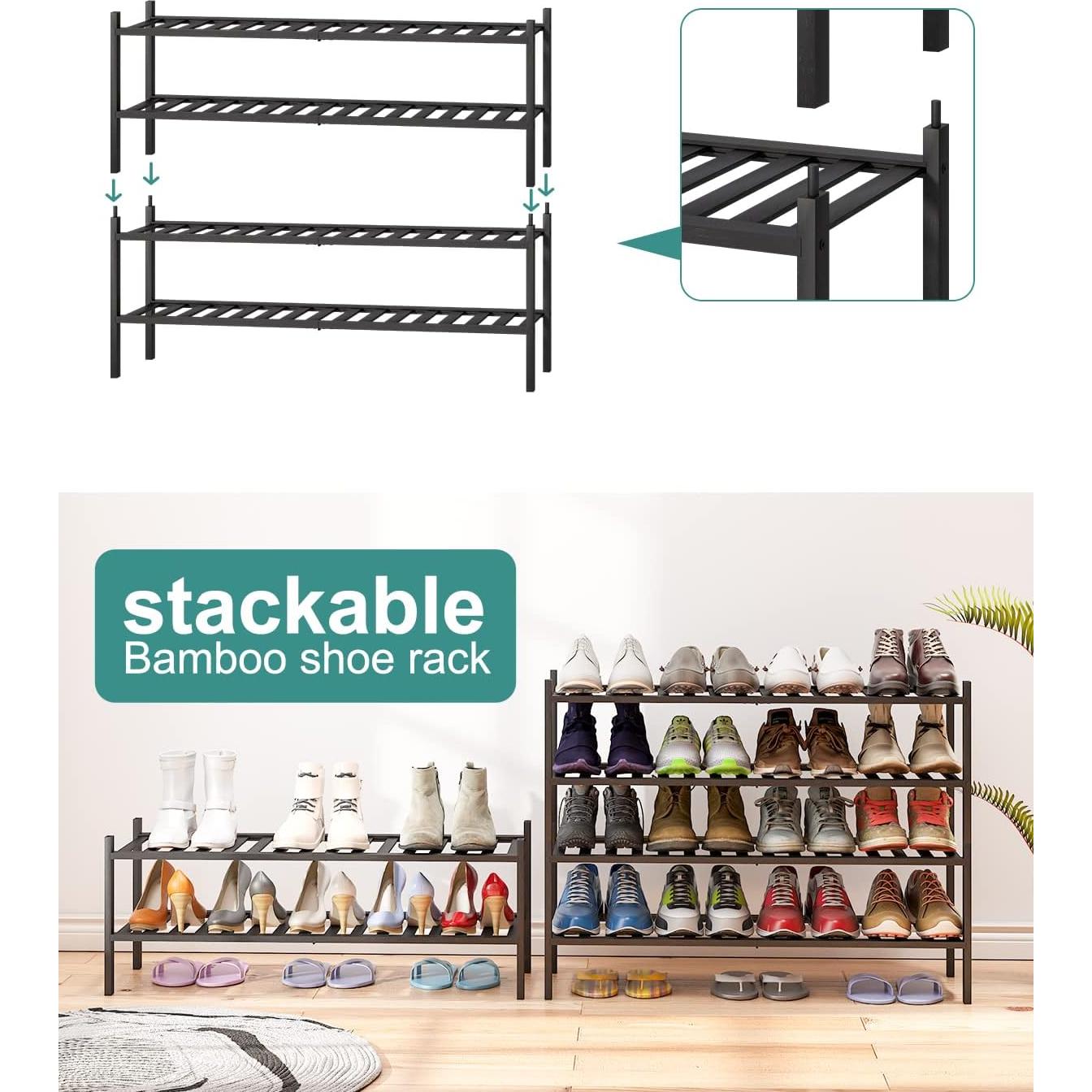 Estante para Zapatos de Madera de Bambú Negro 2 Niveles 84.58cm