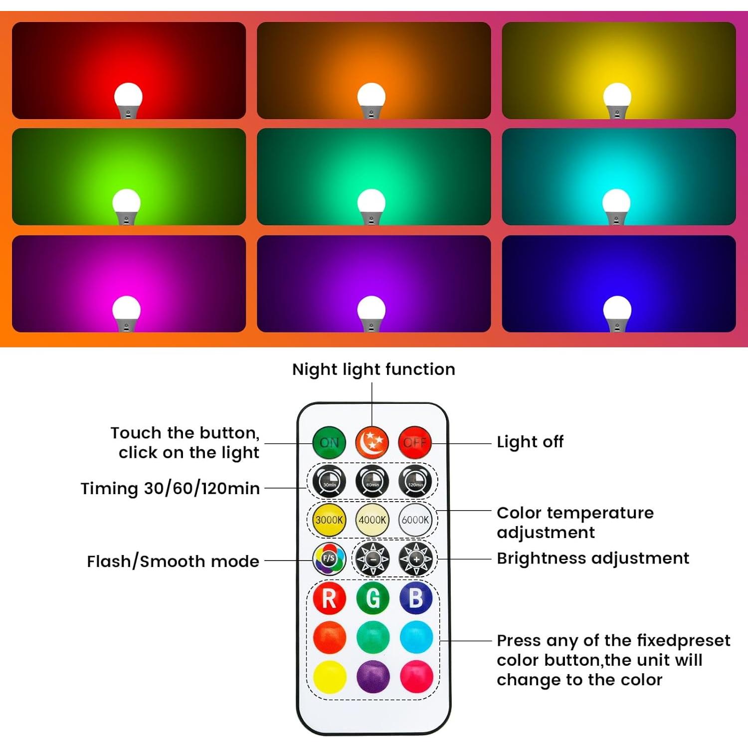 Bombillas LED recargables BOBOPAI E26 RGB 8W 2 Paquetes