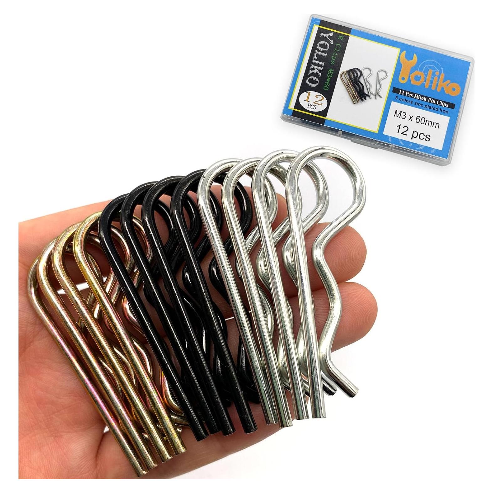 12Pcs 3 Color Heavy Duty Hitch Pins Clip R Clips Spring Retaining Wire Hair Pin Cotter Pin Strong Spring Tension Large Carter Pin R Clip Large for Trailer Tractors Mower Carts Truck Pin M3x60mm