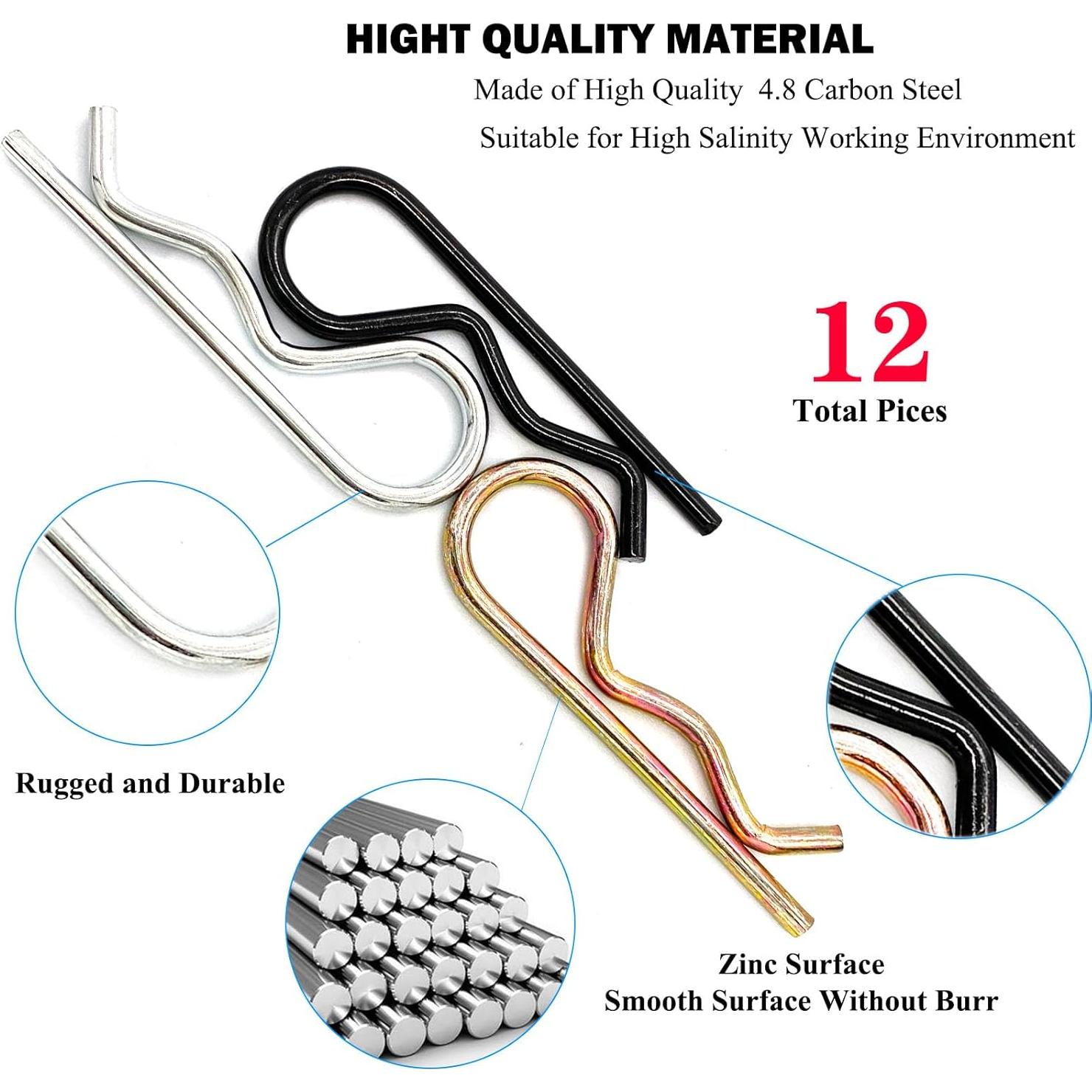 12Pcs 3 Color Heavy Duty Hitch Pins Clip R Clips Spring Retaining Wire Hair Pin Cotter Pin Strong Spring Tension Large Carter Pin R Clip Large for Trailer Tractors Mower Carts Truck Pin M3x60mm