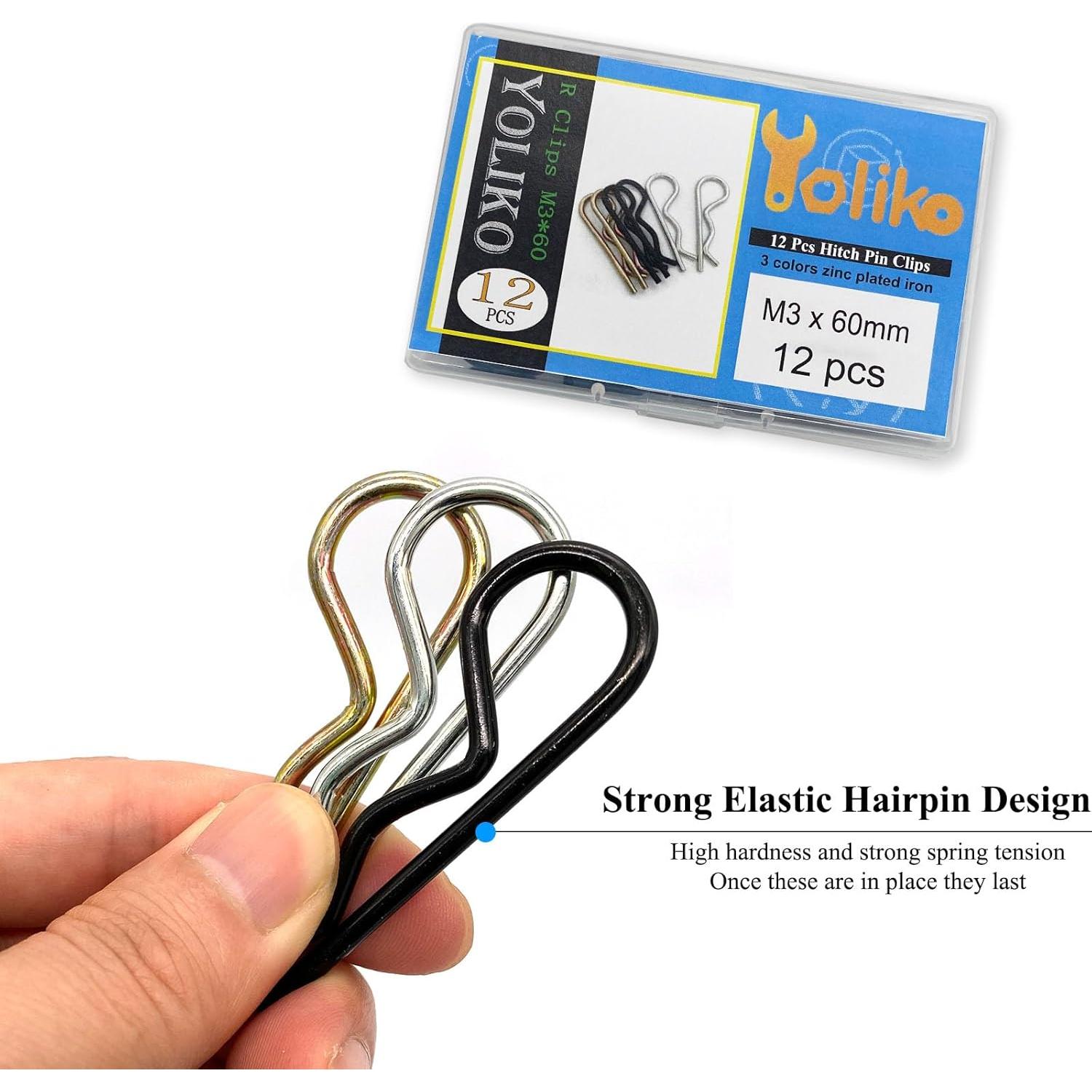 12Pcs 3 Color Heavy Duty Hitch Pins Clip R Clips Spring Retaining Wire Hair Pin Cotter Pin Strong Spring Tension Large Carter Pin R Clip Large for Trailer Tractors Mower Carts Truck Pin M3x60mm