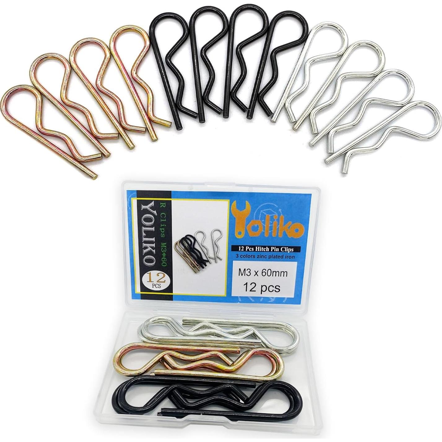 12Pcs 3 Color Heavy Duty Hitch Pins Clip R Clips Spring Retaining Wire Hair Pin Cotter Pin Strong Spring Tension Large Carter Pin R Clip Large for Trailer Tractors Mower Carts Truck Pin M3x60mm