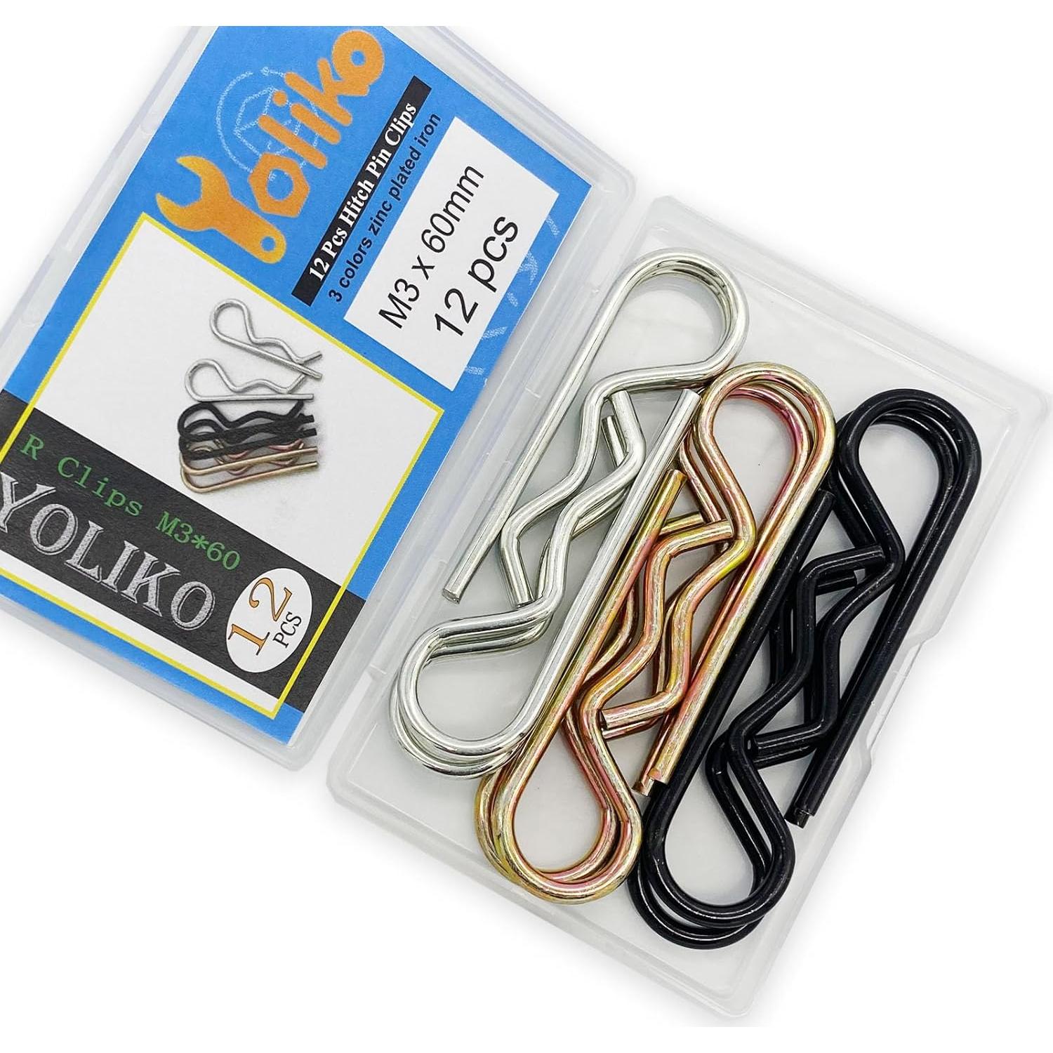 12Pcs 3 Color Heavy Duty Hitch Pins Clip R Clips Spring Retaining Wire Hair Pin Cotter Pin Strong Spring Tension Large Carter Pin R Clip Large for Trailer Tractors Mower Carts Truck Pin M3x60mm