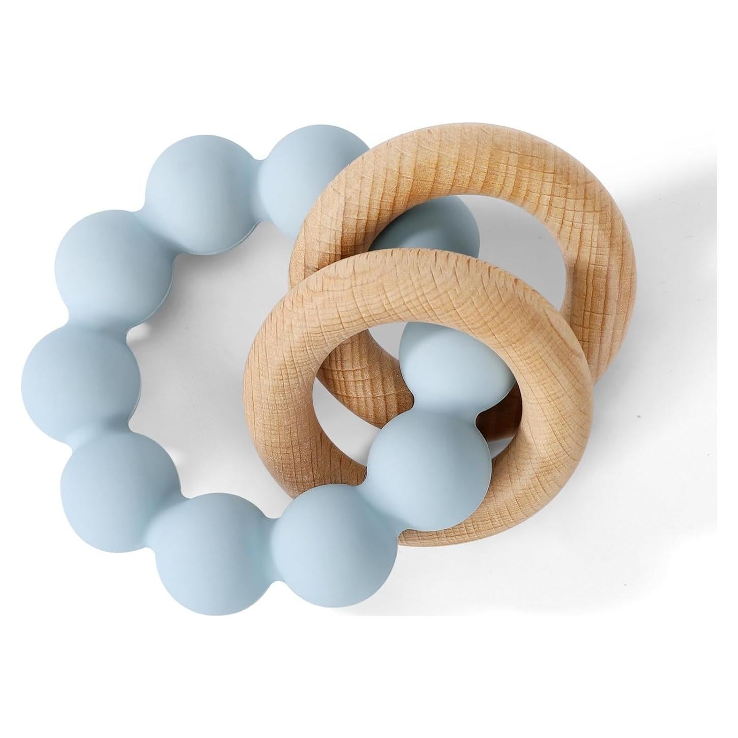 Mordedor y Sonajero Socub Azul Bebé - Silicona y Madera Natural