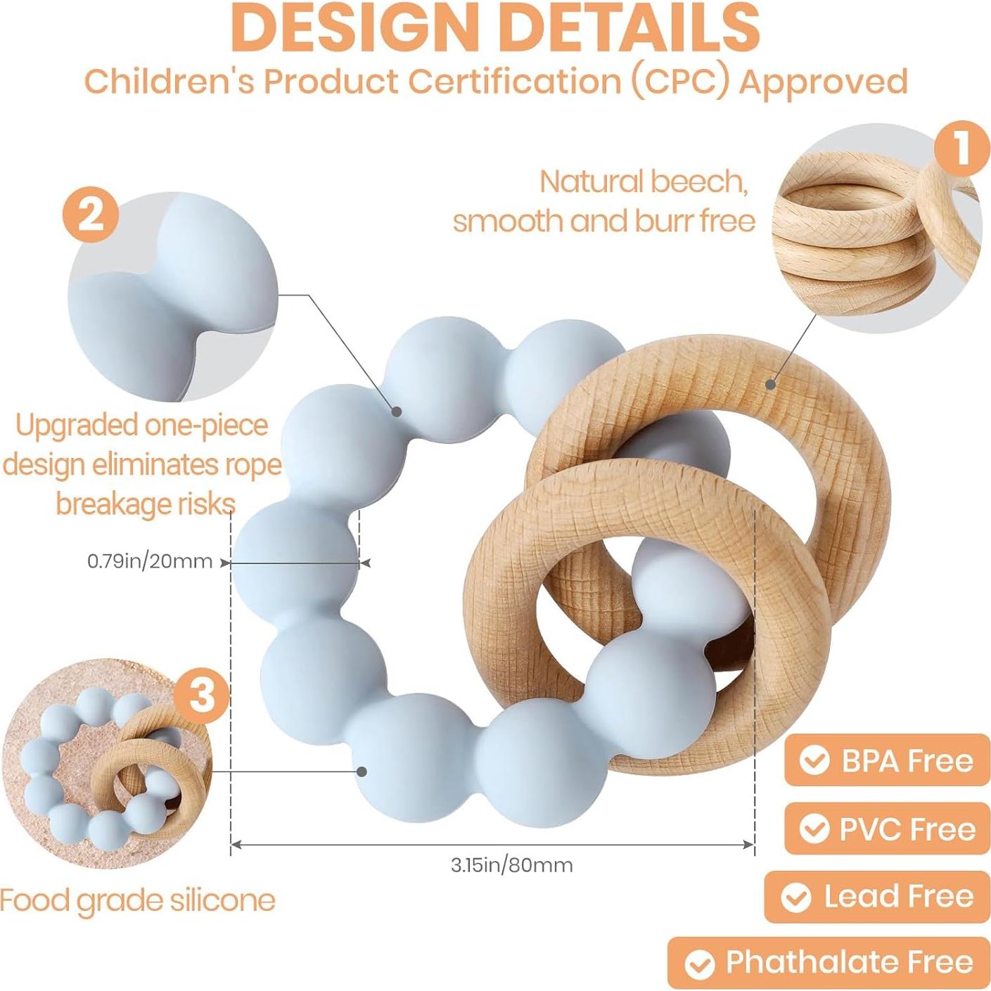 Mordedor y Sonajero Socub Azul Bebé - Silicona y Madera Natural