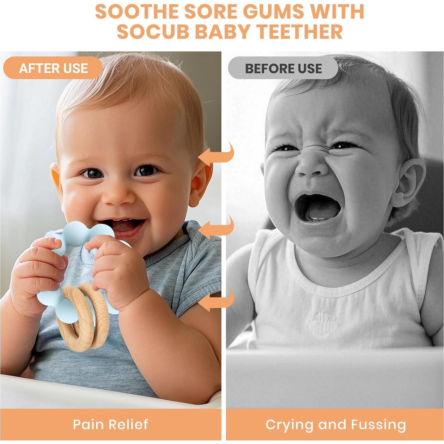 Mordedor y Sonajero Socub Azul Bebé - Silicona y Madera Natural