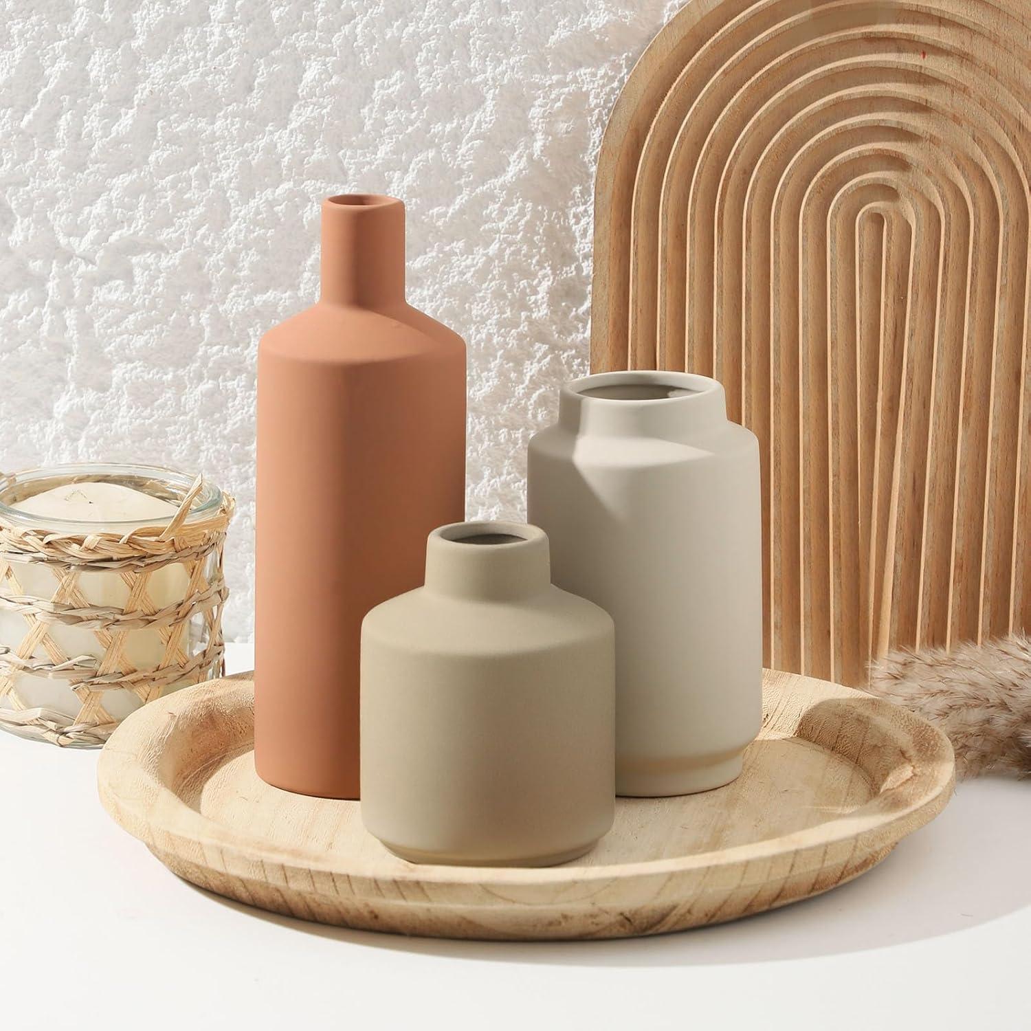 Juego de 3 Jarrones de Cerámica Beige Mitt&Ditt Modernos