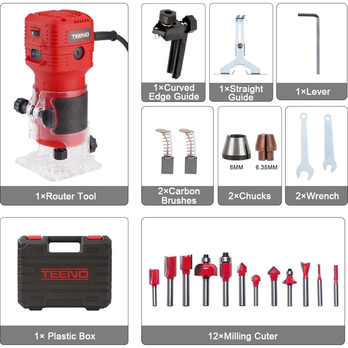 Fresadora de Madera TEENO 650W con 12 Brocas y 6 Velocidades