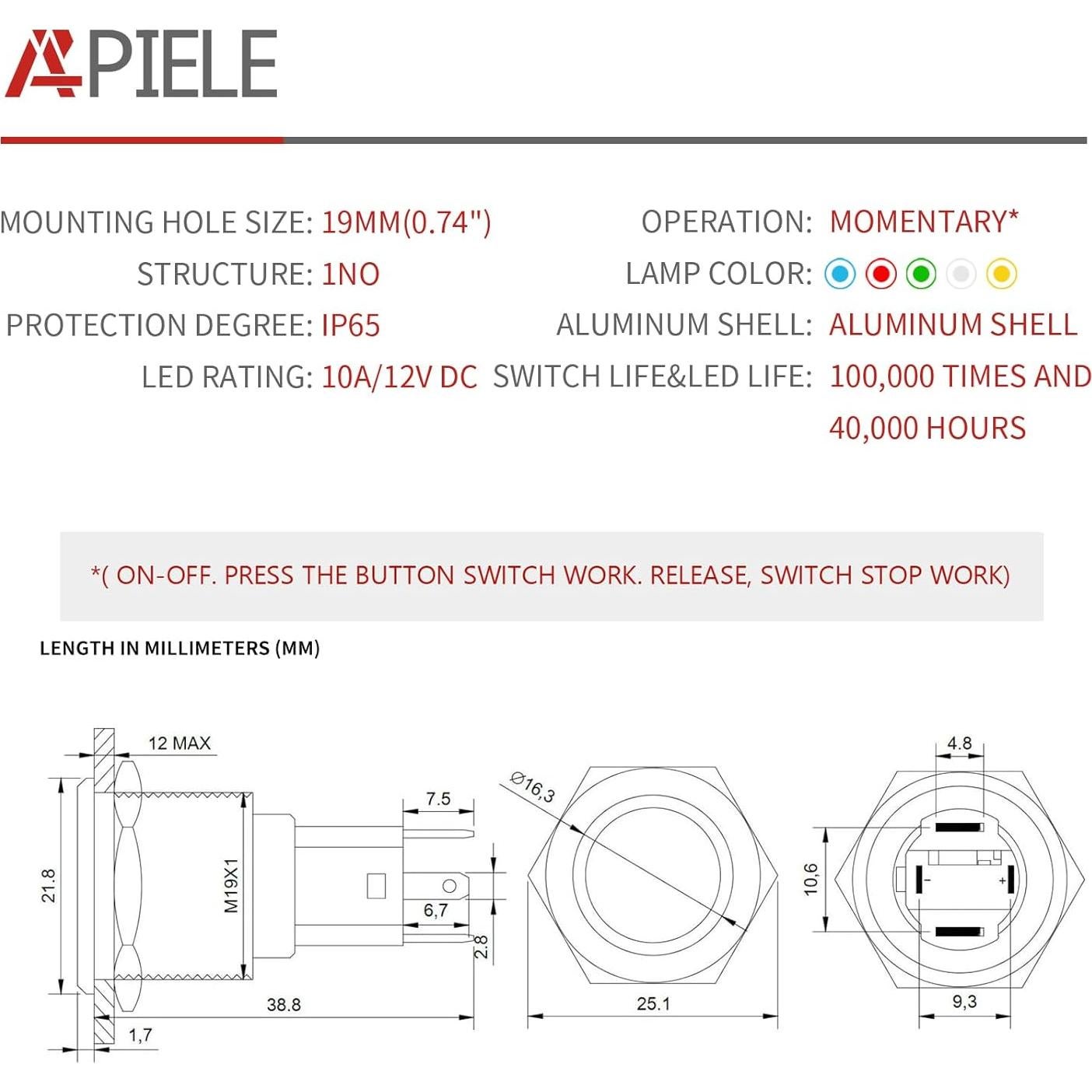 Interruptor Momentáneo LED 10A 19mm APIELE IP65 Azul