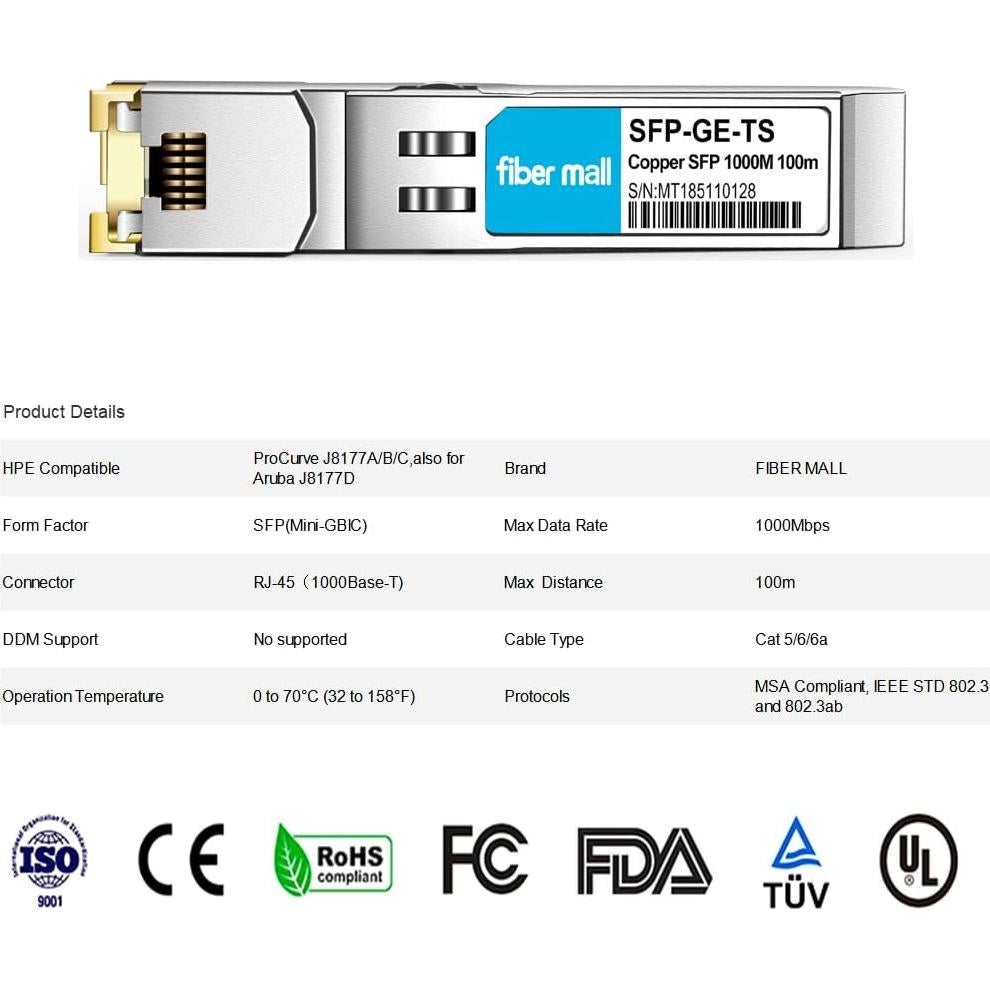 Módulo SFP a RJ45 Fiber Mall 1000BASE-T 4 Pcs 100m