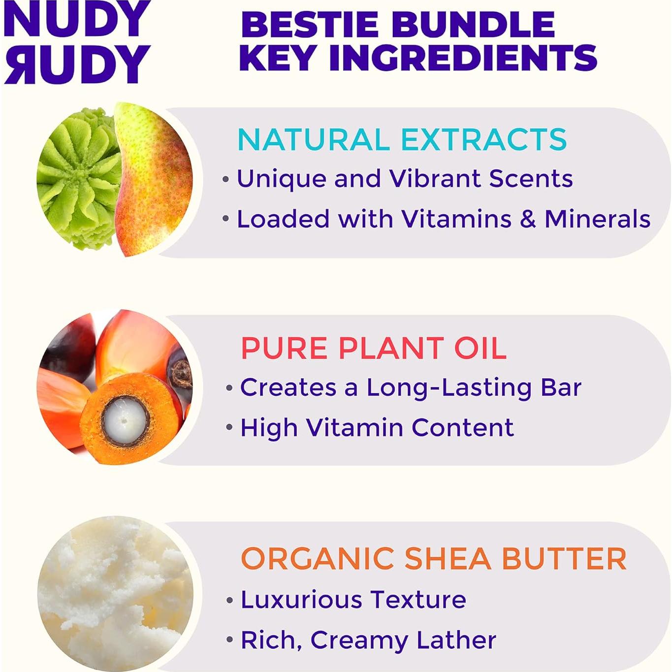 Paquete de Jabones Nudy Rudy Bestie - 3 x 119g, Naturales