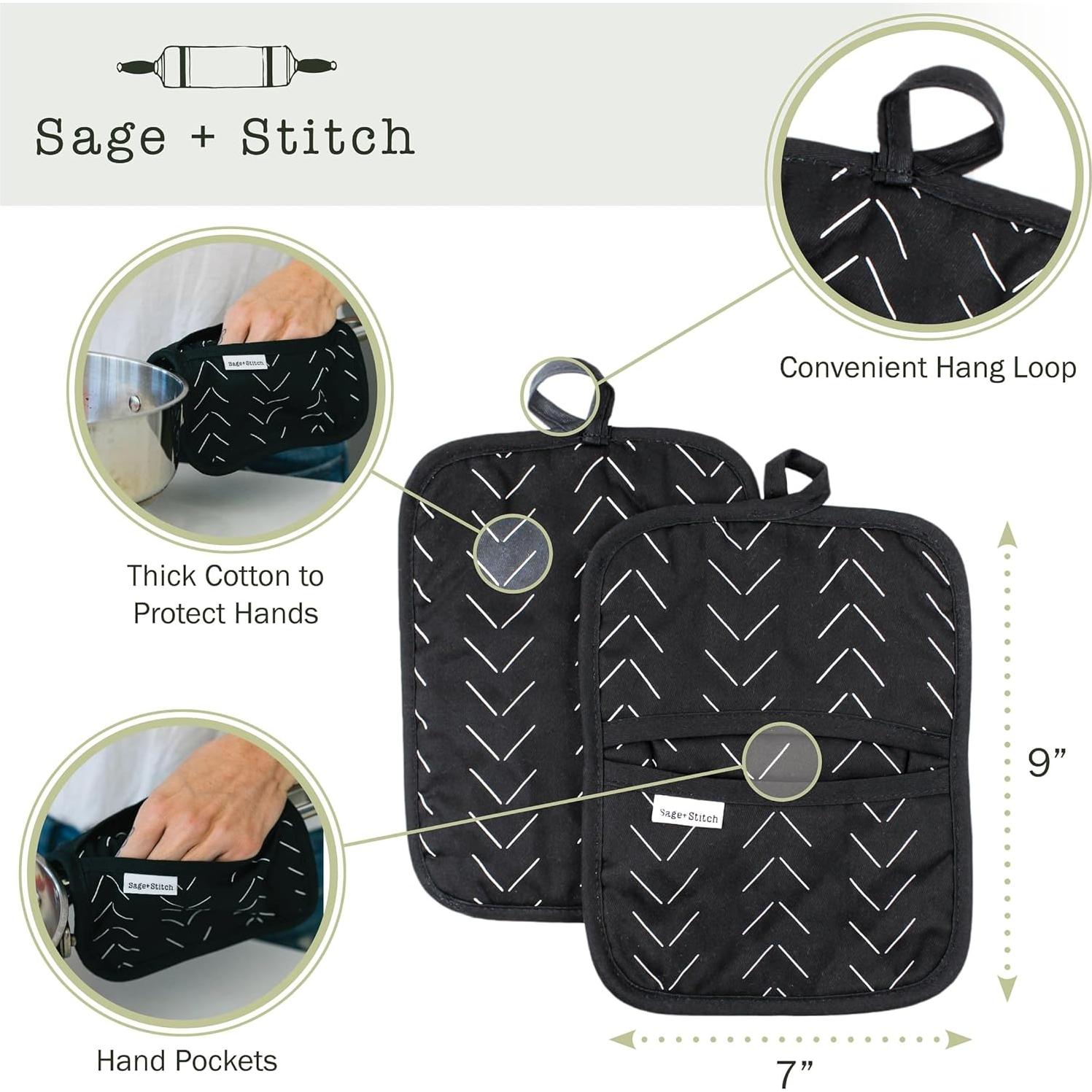 Set de 2 Agarraderas de Cocina Sage y Stitch 100% Algodón 18x23cm Negro