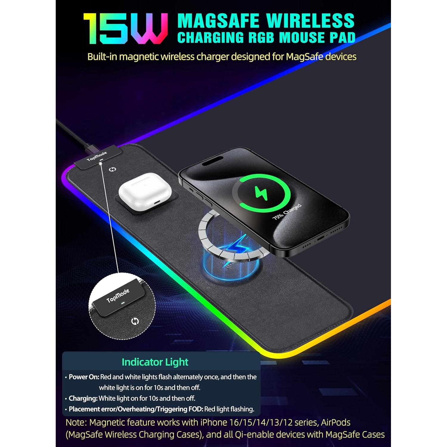 Alfombrilla de Carga Inalámbrica RGB TopMade HD77 80x40cm