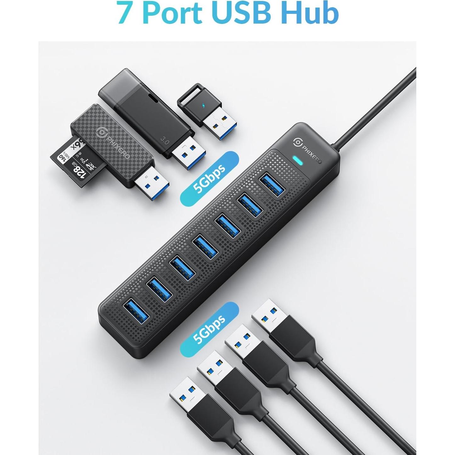 Hub USB 3.0 PHIXERO 7 Puertos con Cable de 1m para PC