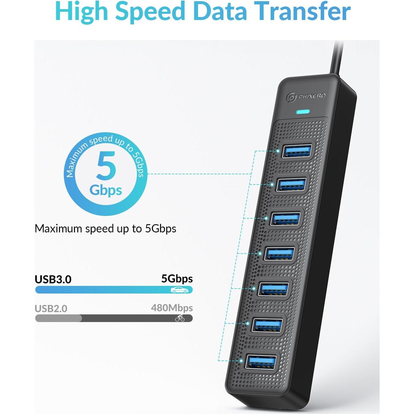 Hub USB 3.0 PHIXERO 7 Puertos con Cable de 1m para PC