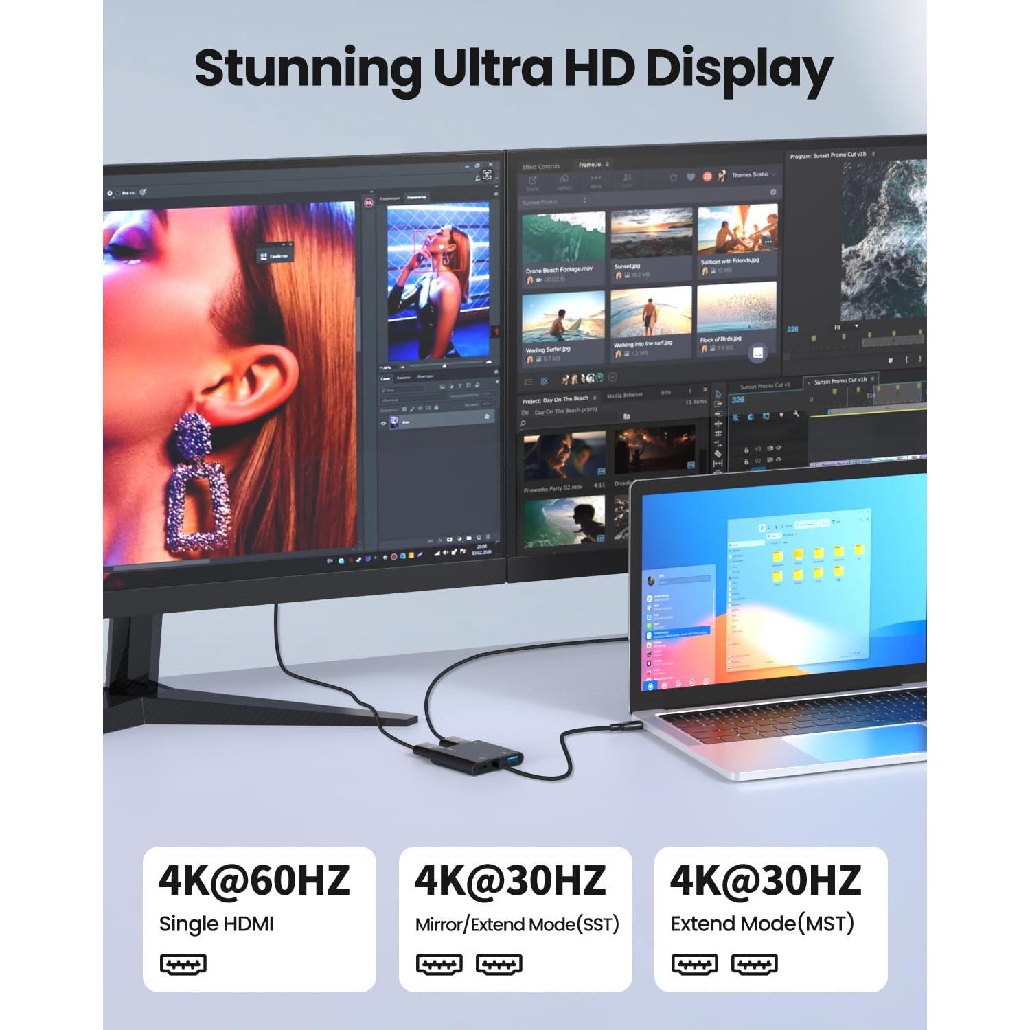 Adaptador USB-C a Doble HDTV Fophmo 4K 60Hz 100W Carga Rápida