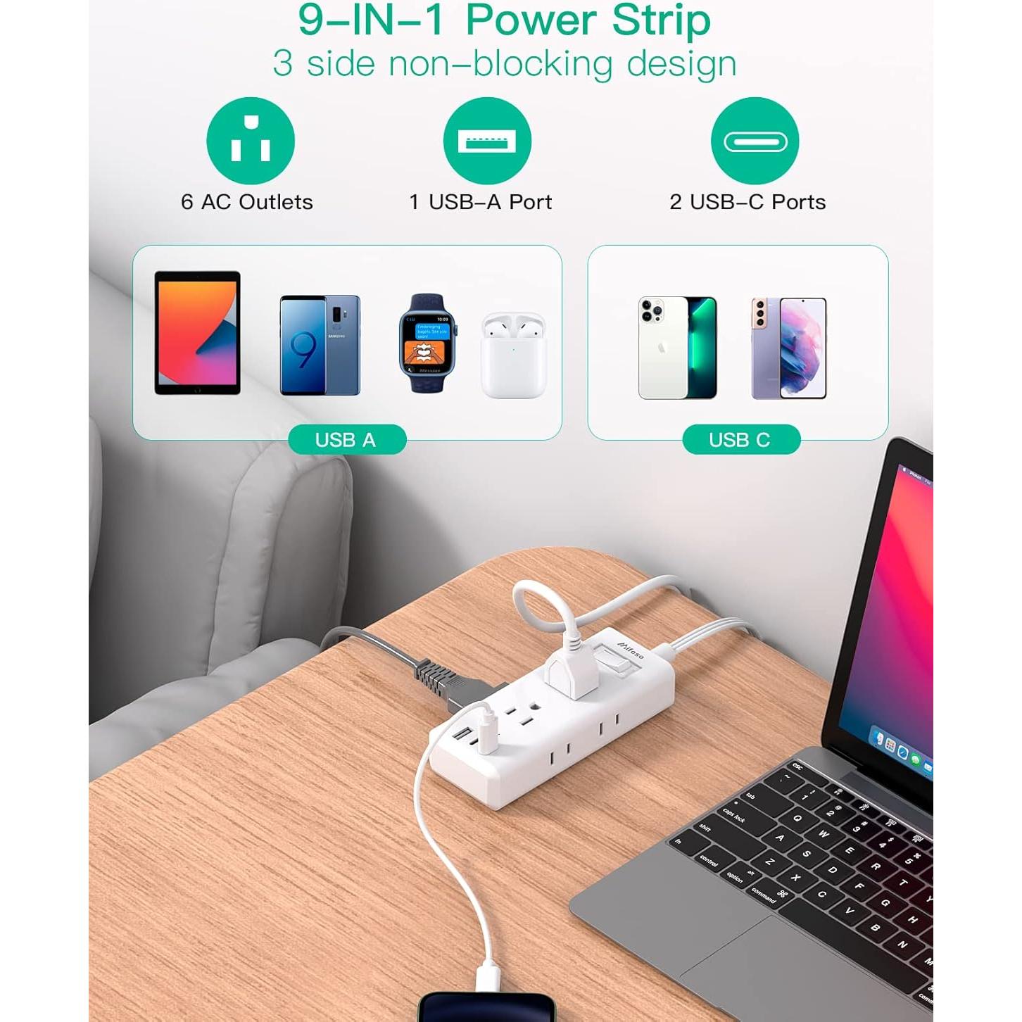 Tira de Alimentación Mifaso 15 pies 6 Salidas 3 USB-C