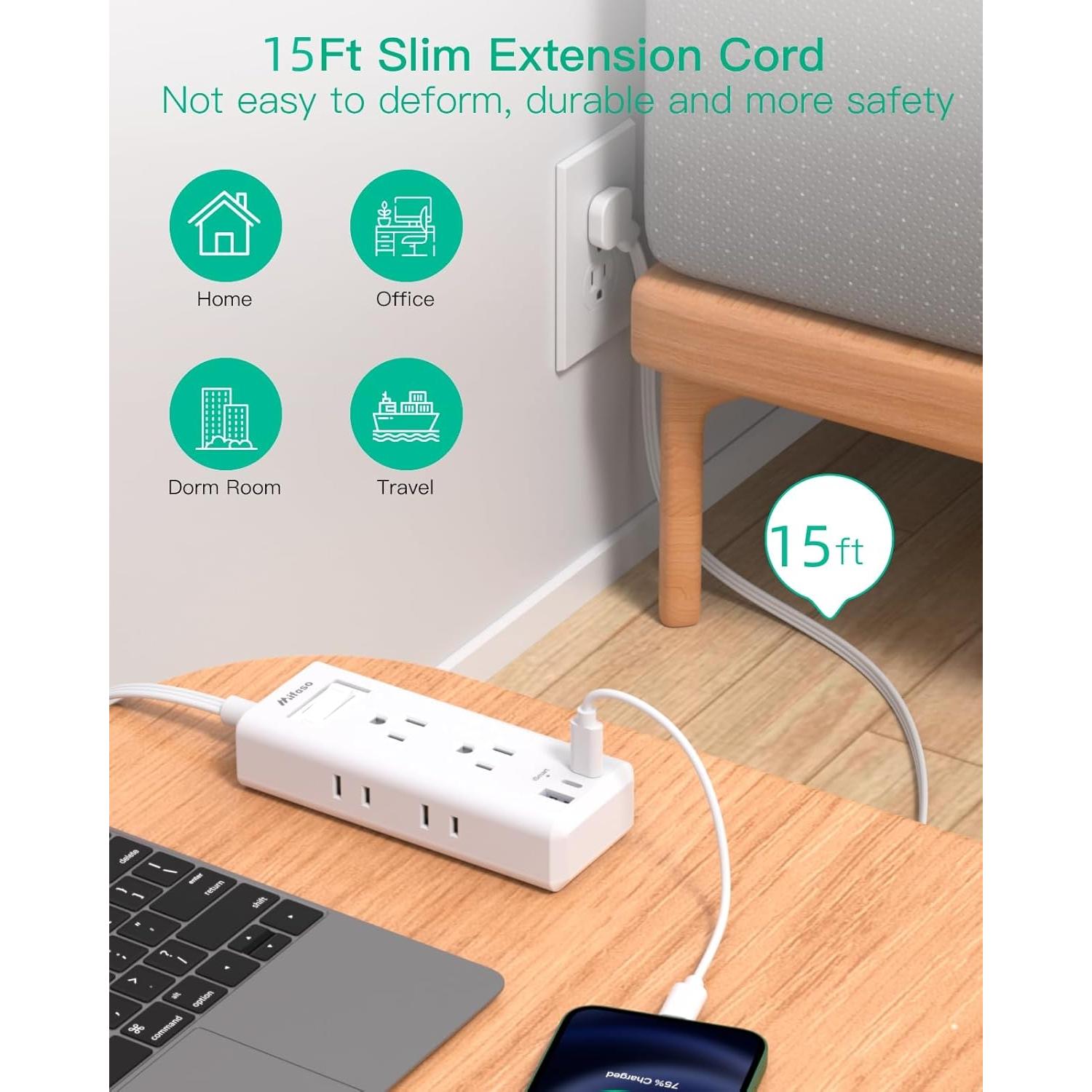Tira de Alimentación Mifaso 15 pies 6 Salidas 3 USB-C