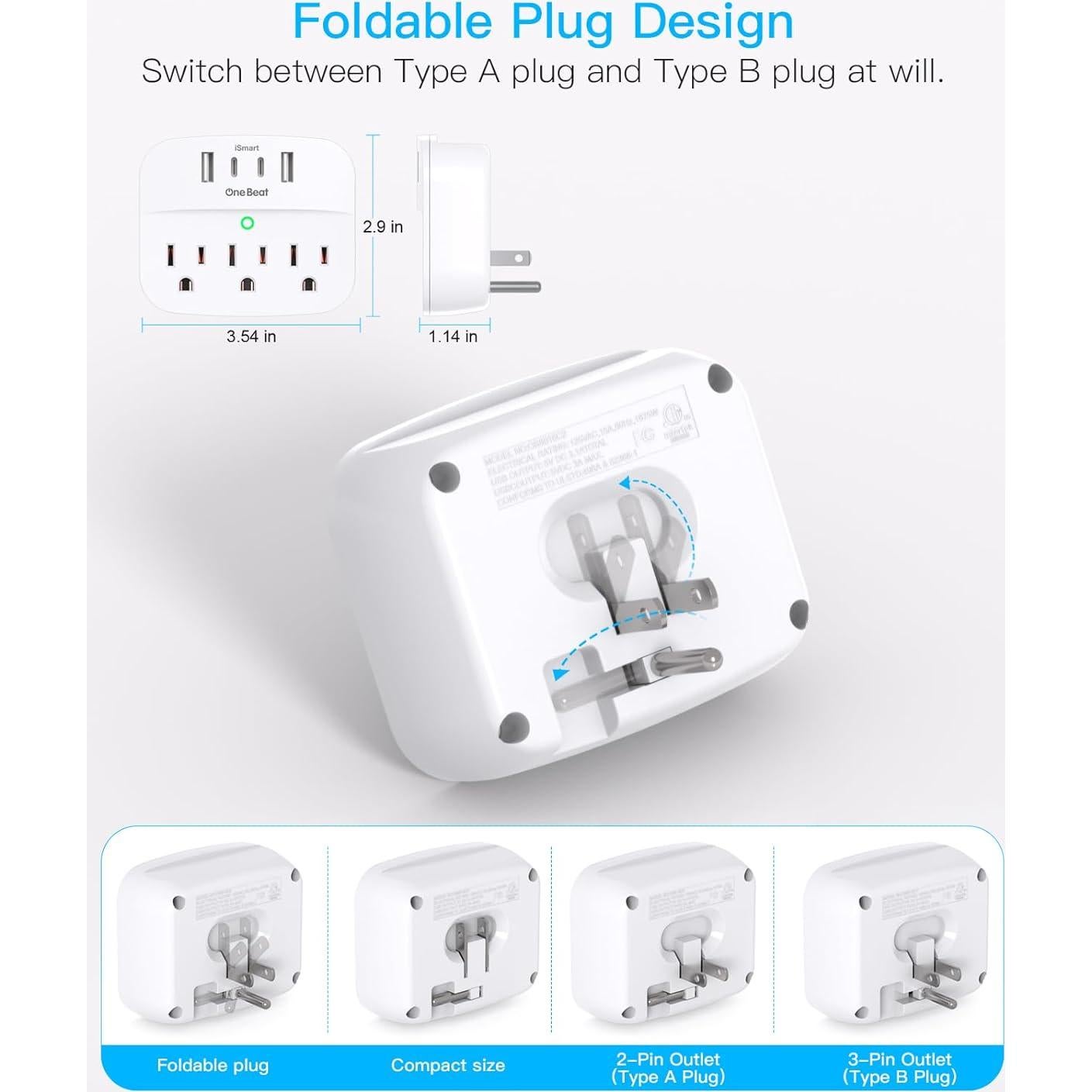 Divisor de Enchufe Plegable One Beat con 3 Salidas y 4 USB