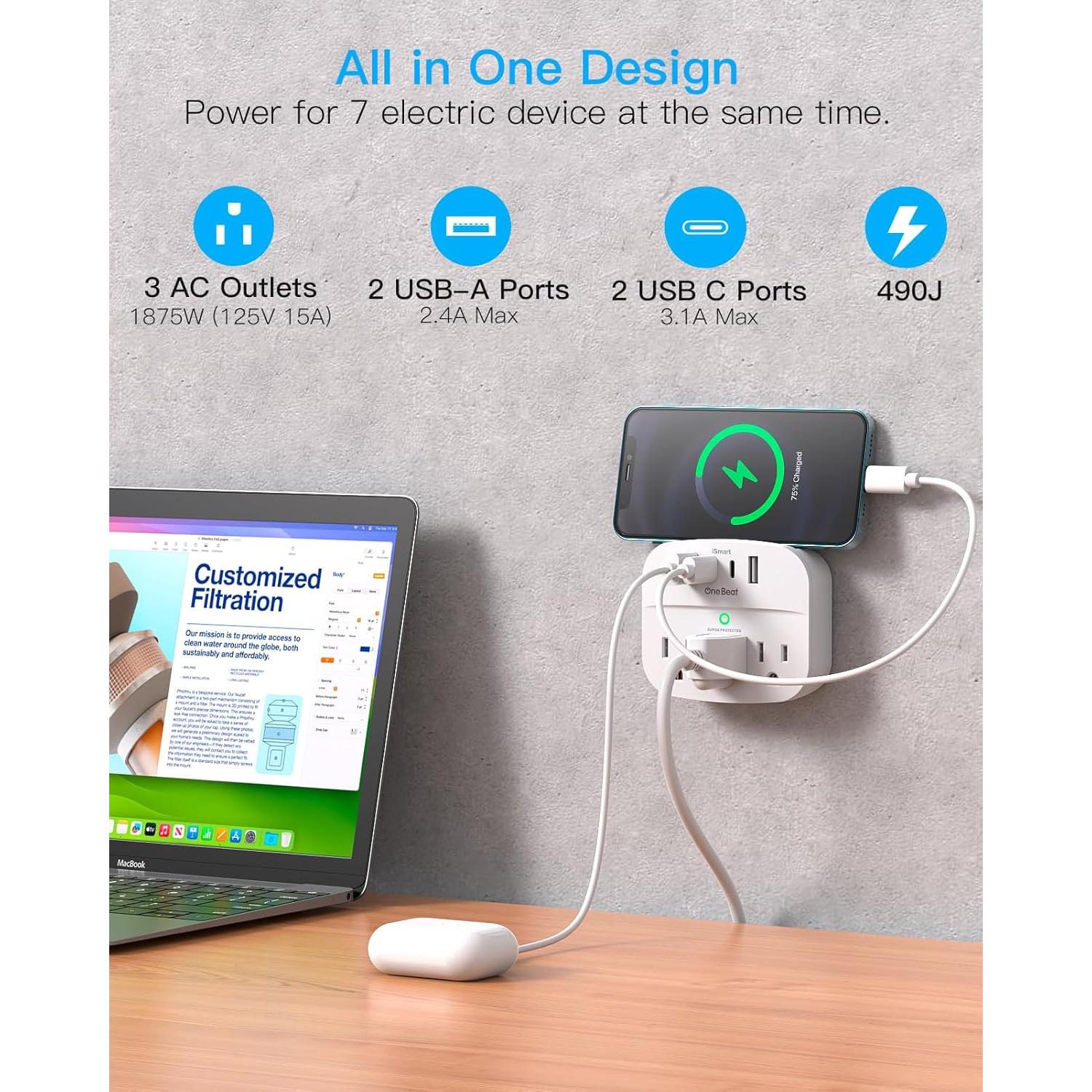 Divisor de Enchufe Plegable One Beat con 3 Salidas y 4 USB