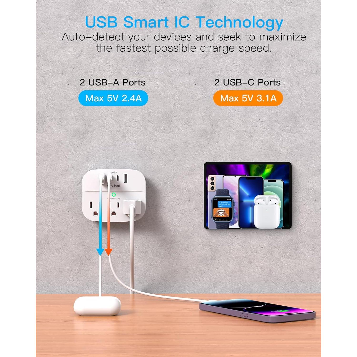 Divisor de Enchufe Plegable One Beat con 3 Salidas y 4 USB