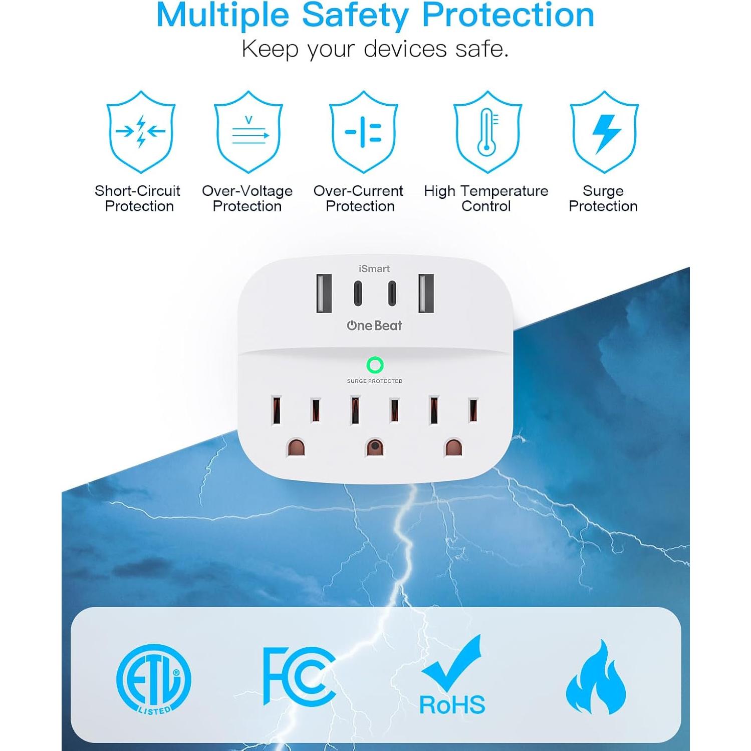 Divisor de Enchufe Plegable One Beat con 3 Salidas y 4 USB