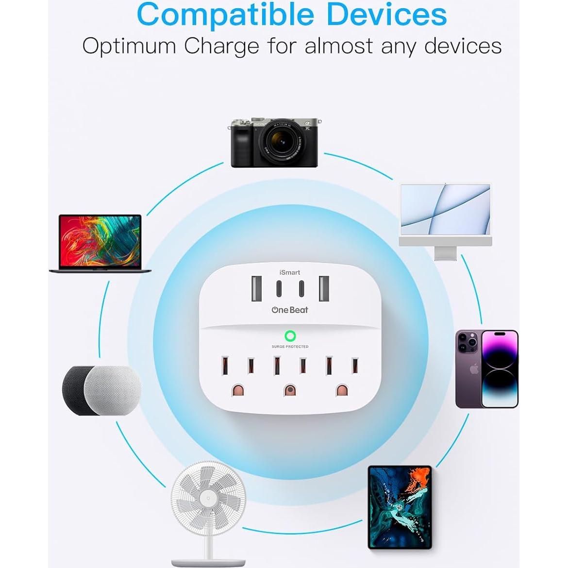 Divisor de Enchufe Plegable One Beat con 3 Salidas y 4 USB