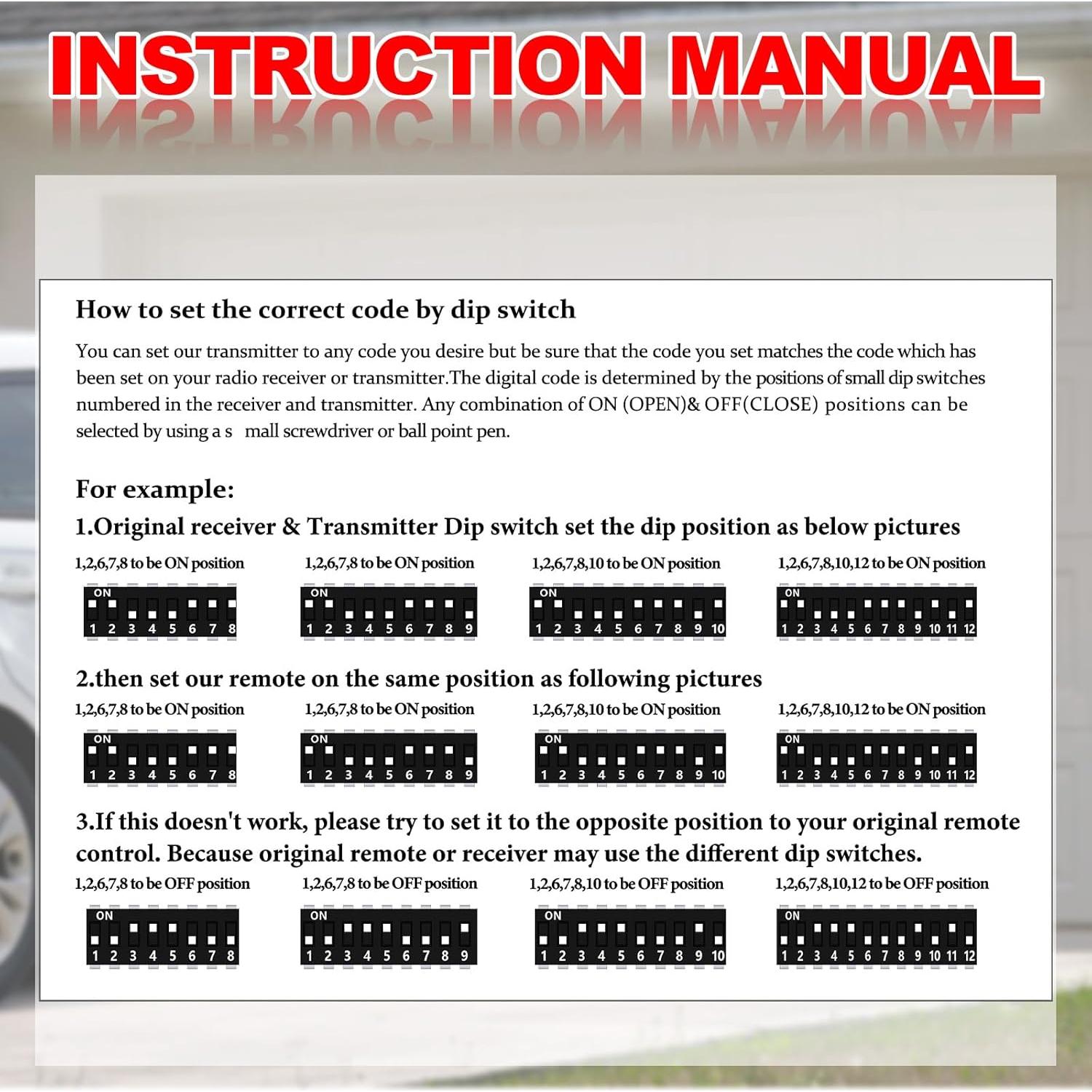 Control Remoto de Garaje Kingdder 3 Piezas 300MHz 10 Dip Switch